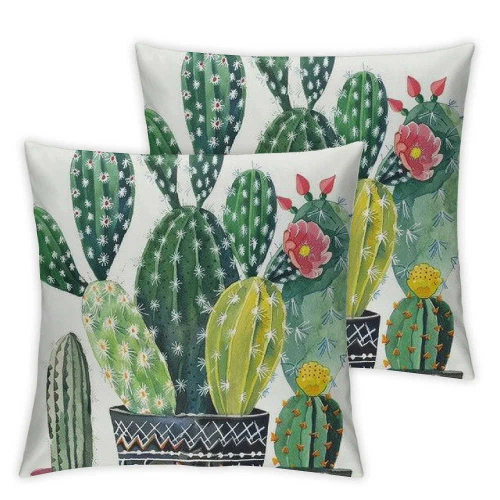 OBREWY Cactus Red and Yellow Flowers Pot Cactus Boho Tropical Green Plant Pillow Case Set of 2 White