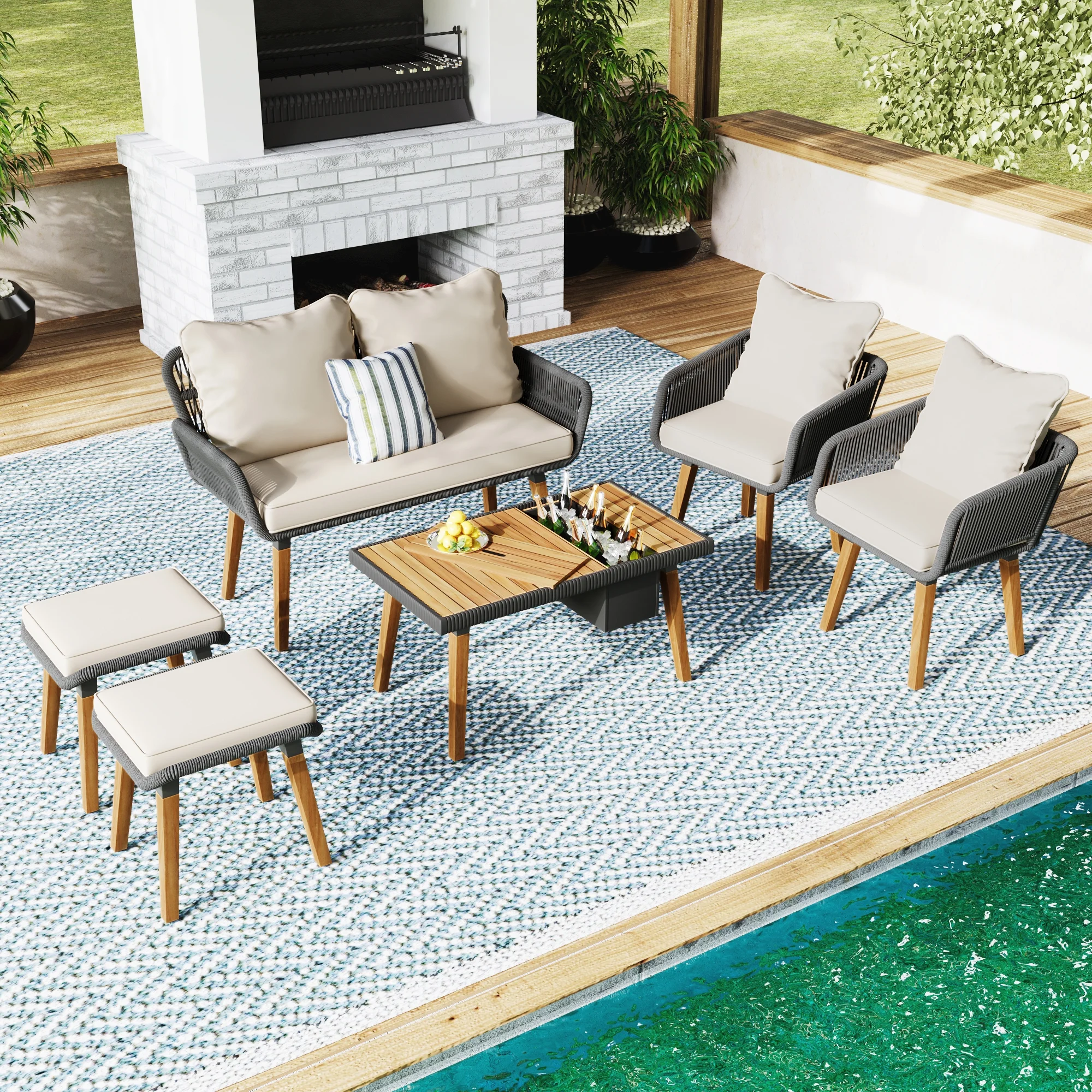 6 Pieces Rope Patio Furniture Set, Outdoor Conversation Set Sofa Chairs Stools with Table and Ice Bucket for Backyard Porch Balcony