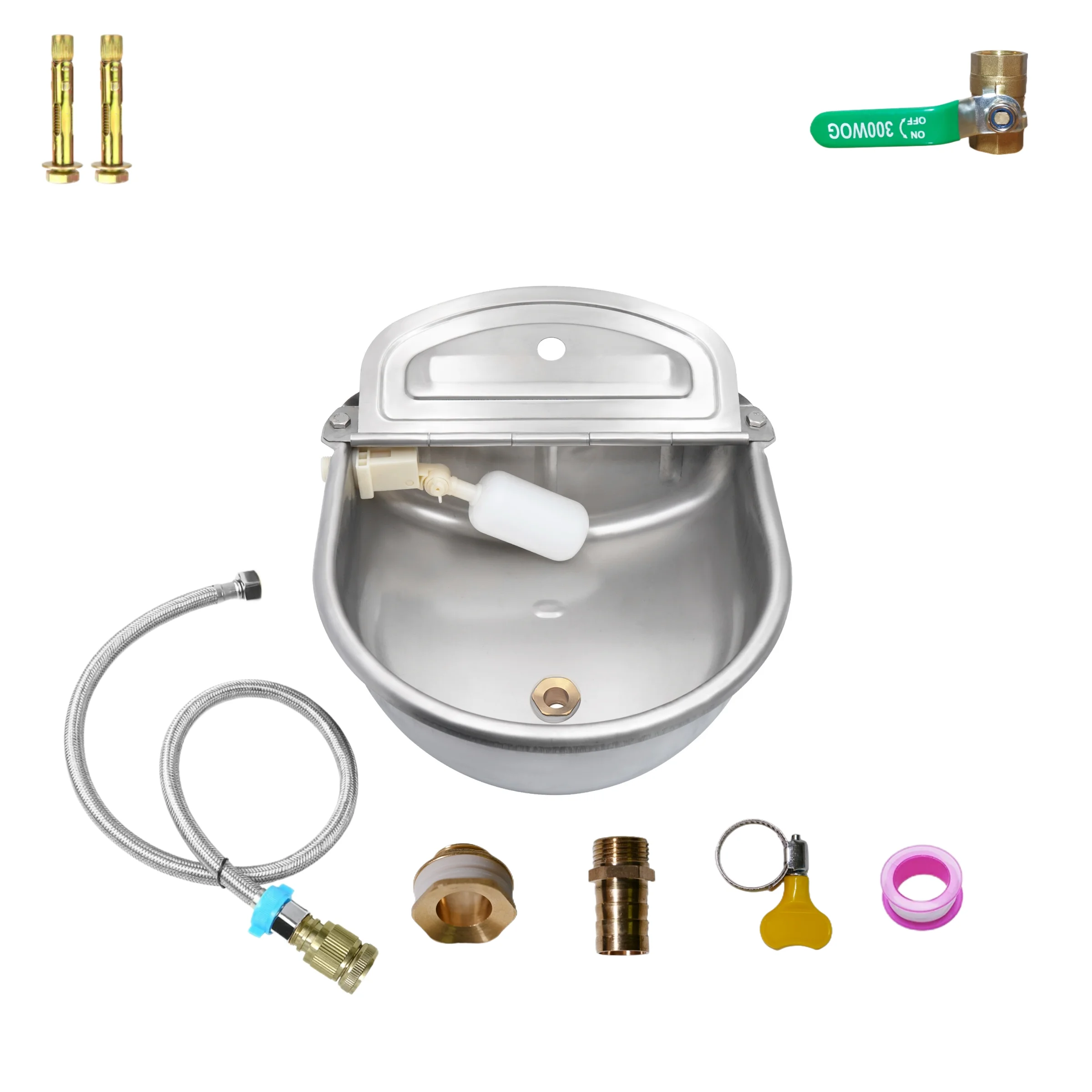 Boajf Automatic Water Bowl for Dogs 1.5 Gallon with Drainage System, Auto Water Dispenser with Float Valve, Livestock Trough with Hose Connector, Wall Mounted Outdoor Waterer for Cattle, Chicken