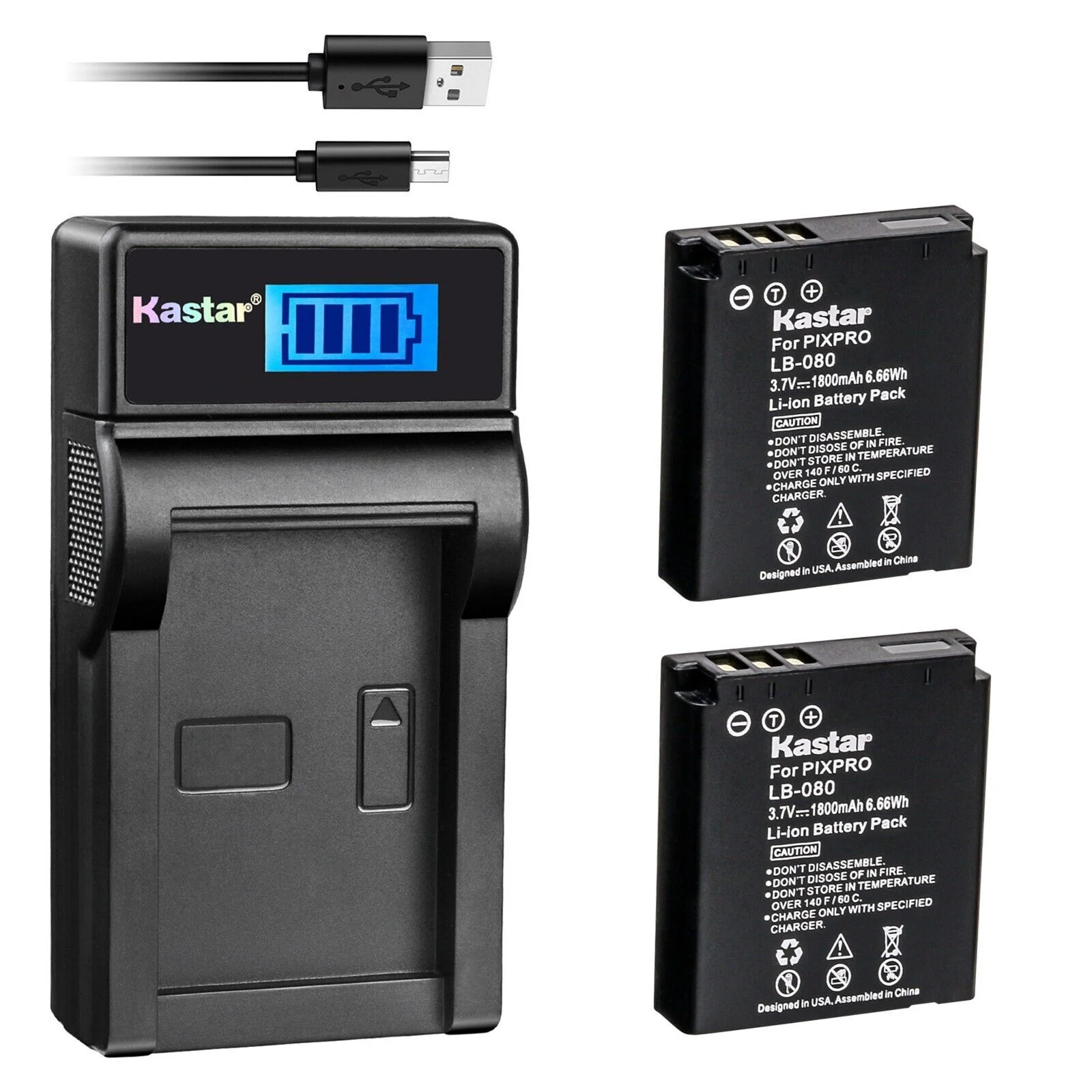 Kastar 2-Pack Battery + LCD USB Charger for Kodak LB-080 Spare Battery, Kodak PIXPRO SP360 4K, PIXPRO ORBIT360 4K VR Camera, PIXPRO SP1, SP1 HD, SP1-YL3 Action Camera, PlaySport (Zx5) Video Camera