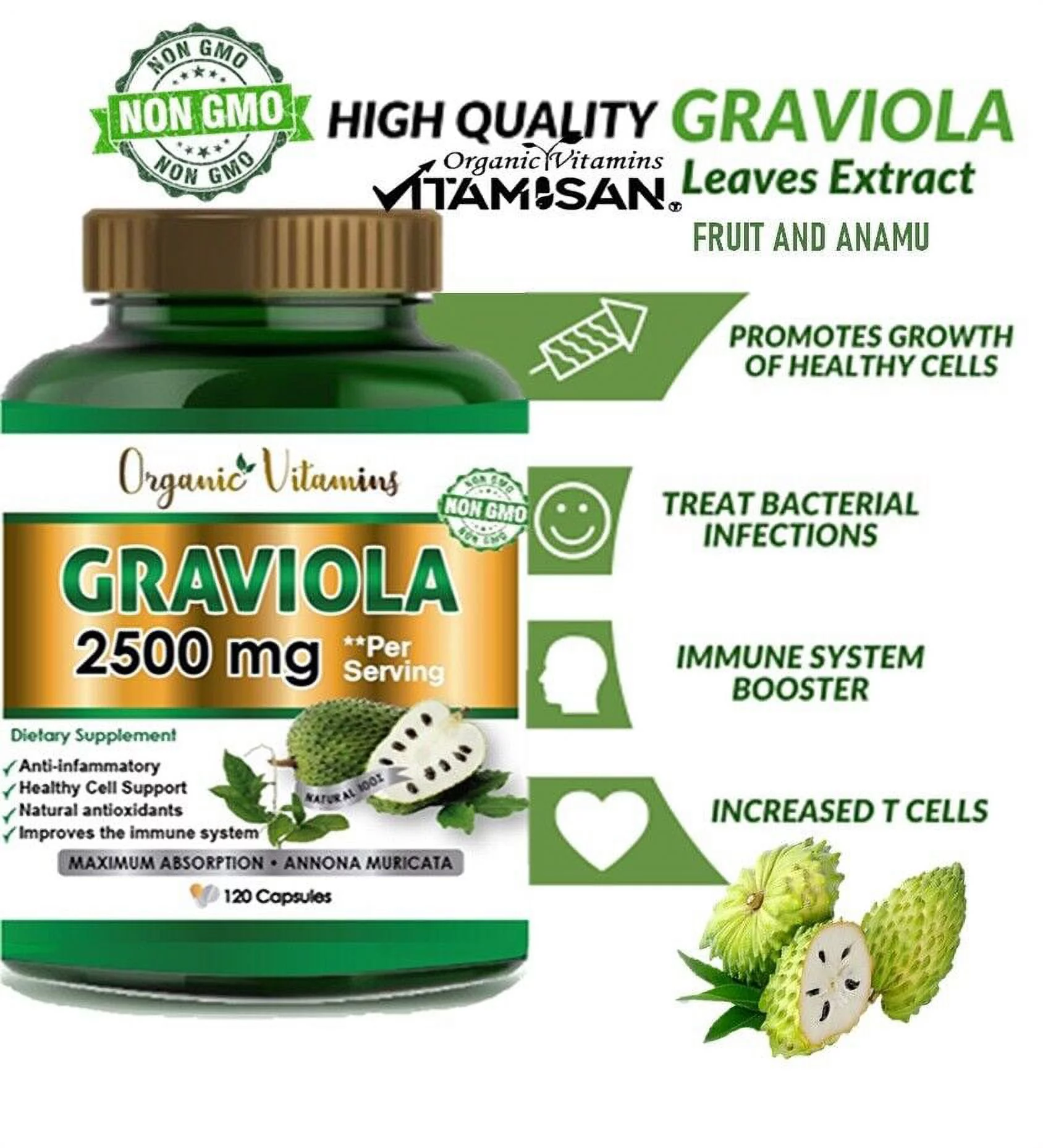 Graviola Capsules 2500mg  Natural Soursop Capsules Leaves fruit - 120 Pure Capsules
