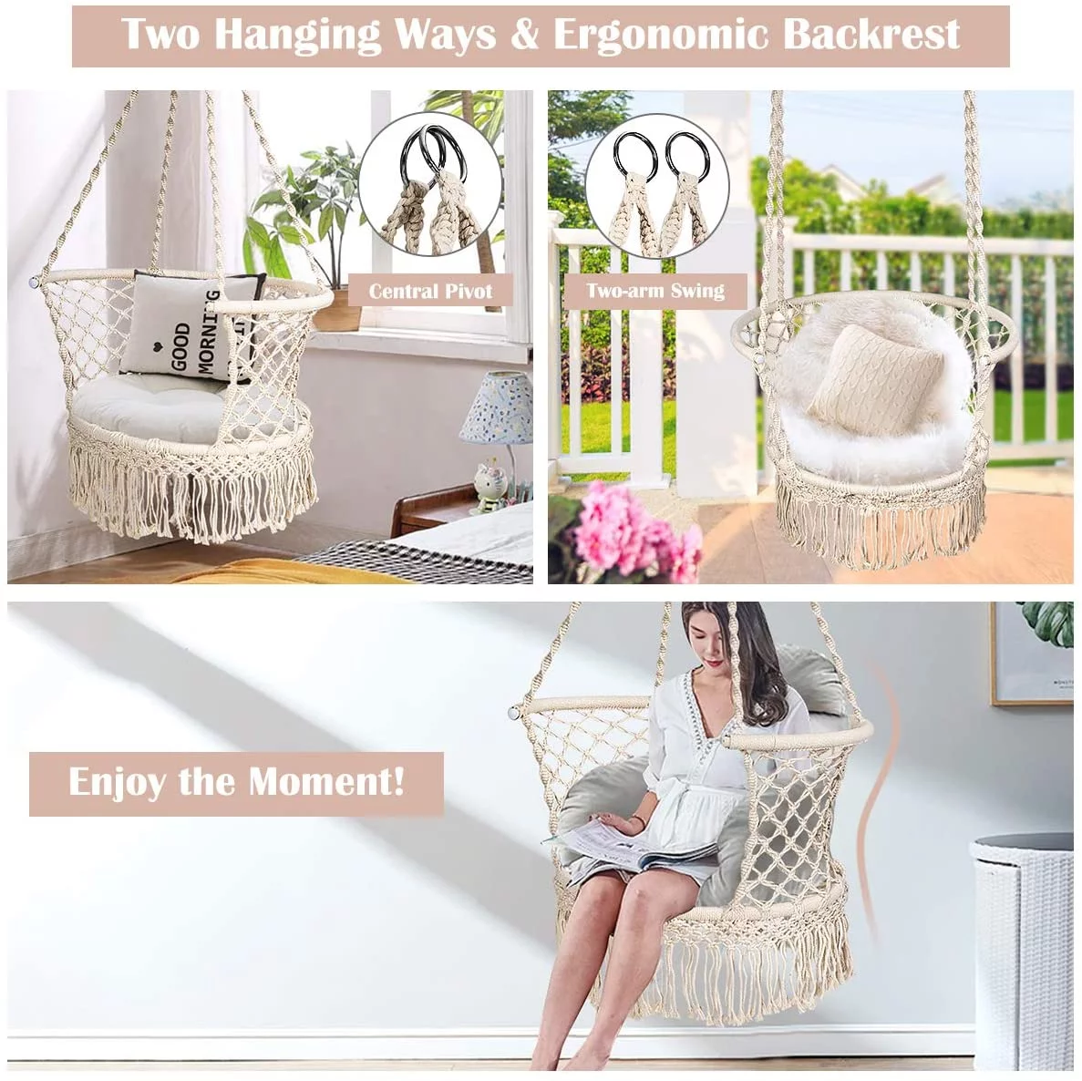 Hanging Hammock Chair, Macrame Hanging Chair 350 Pounds Capacity, Cotton Rope Handwoven Tassels Porch Swing Chair for Bedroom, Living Room, Yard, Garden, Balcony, Indoor/Outdoor (Beige)