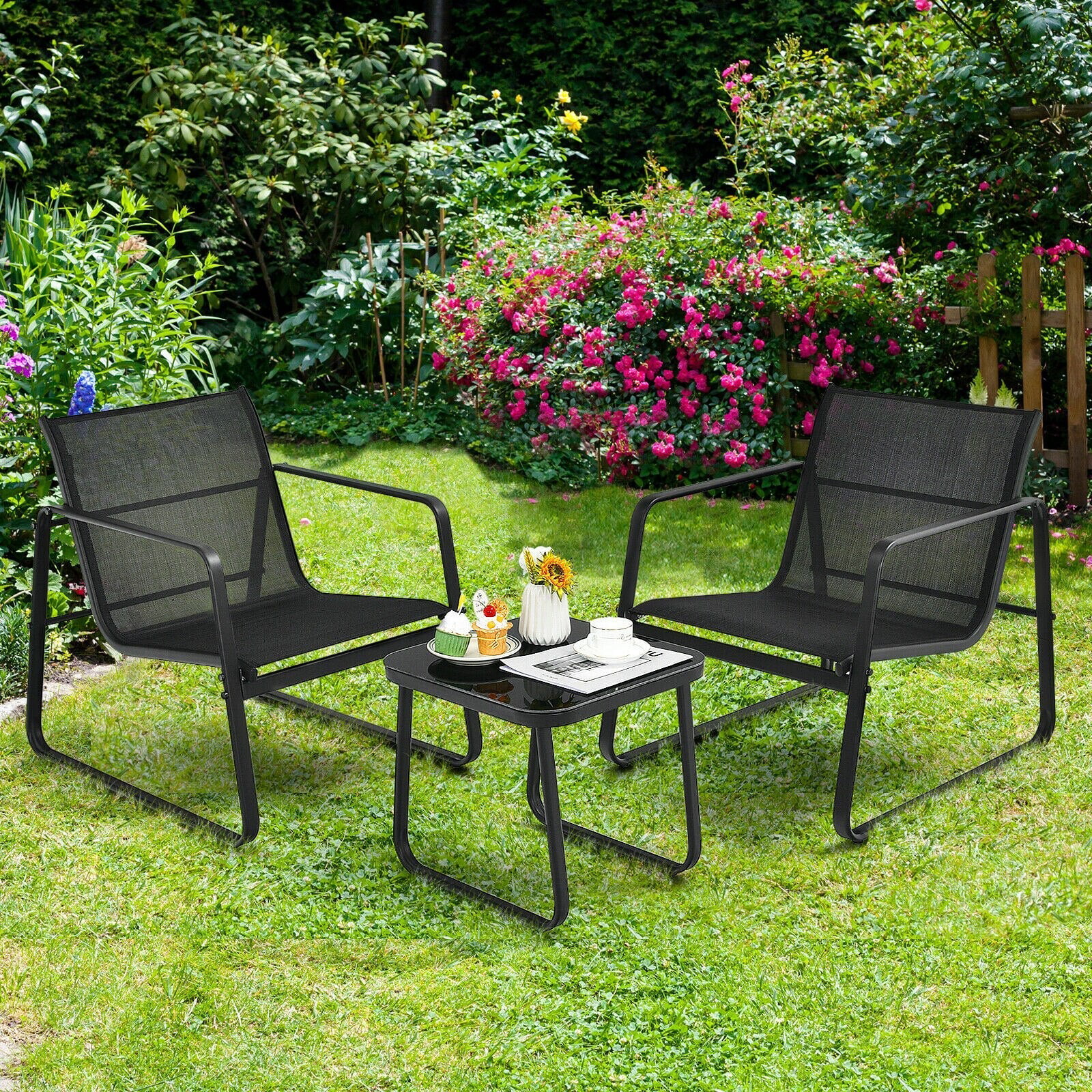 Black 3PCS Patio Bistro Furniture Set Glass Top Table Garden Deck