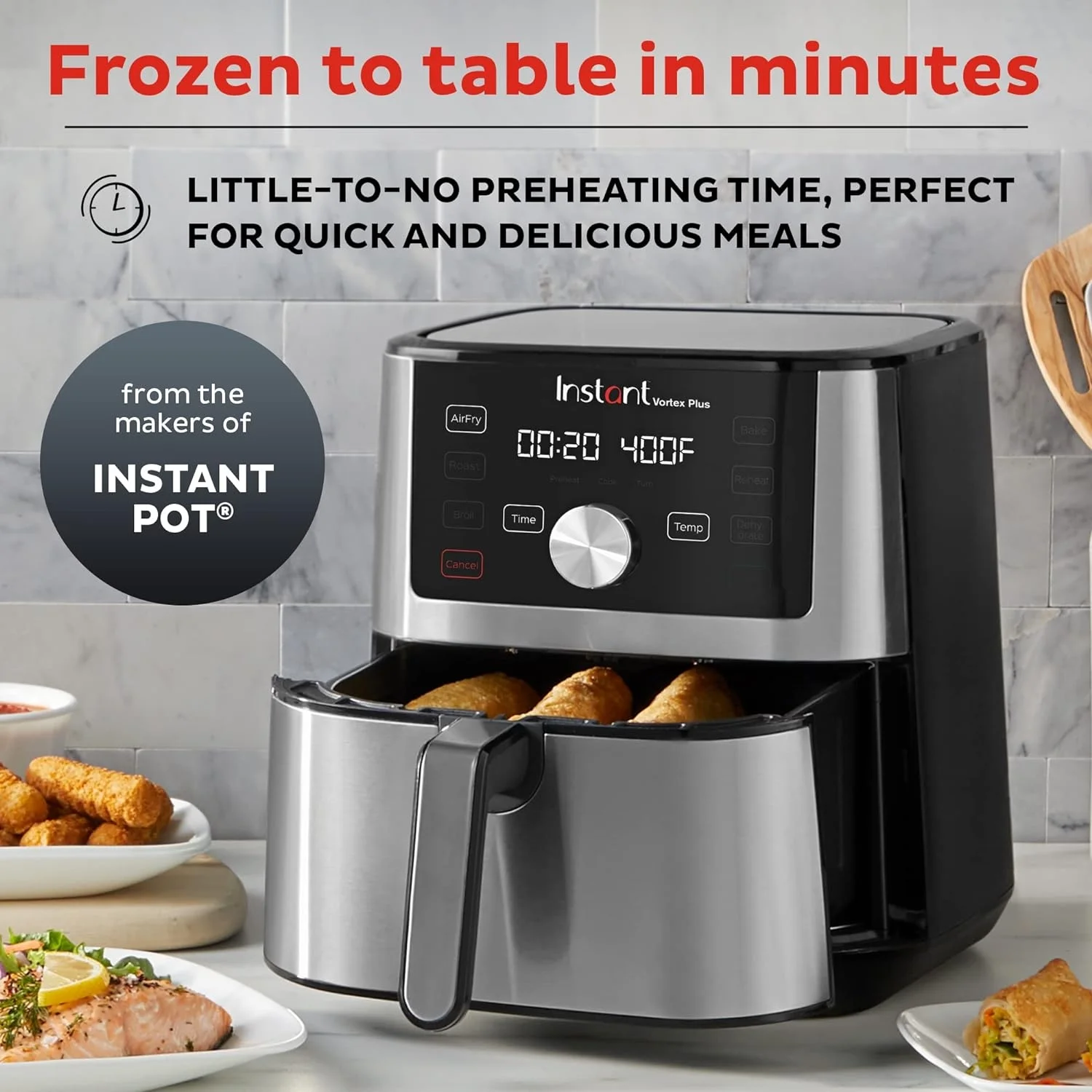 Vortex Plus 4QT Air Fryer  Custom Program Options  6-in-1 Functions Crisps  Broils  Roasts  Dehydrates  Bakes  Reheats  100+ In-App Recipes  from the Makers of  Pot  Stainless Steel