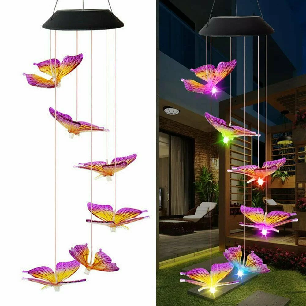 EROCK Purple Solar Color Changing LED Butterfly Wind Chimes Garden Decor Lights Waterproof