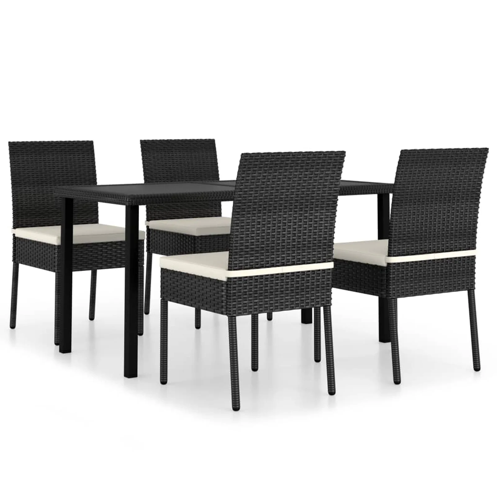 Dcenta 5 Piece Patio Dining Set Glass  Rectangle Table and 4 Chairs with White Cushion Black Poly Rattan Powder-Coated Steel Frame  Dining Set for Garden, Lawn, Courtyard