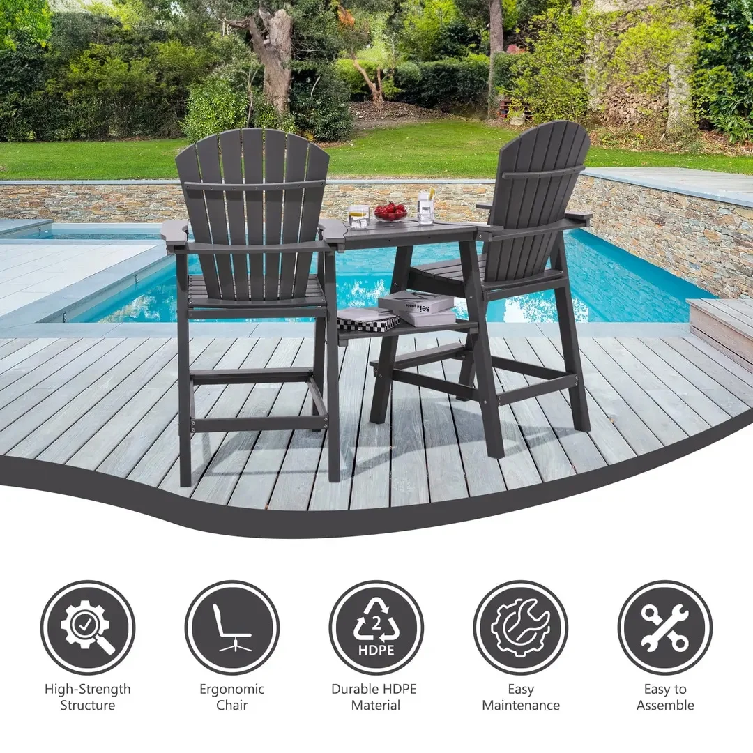 Set of 2 Tall Adirondack Chairs with Connecting Double Tables, Umbrella capable, Blue