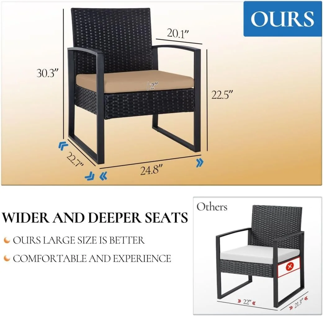 CHOPLKM 3 Pieces Patio  Set  Outdoor Wicker Conversation  w/ 2 Chairs  2 Cushions  Glass Coffee  for Garden Balcony Backyard Porch Lawn - Brown Wicker & Brown Cushions