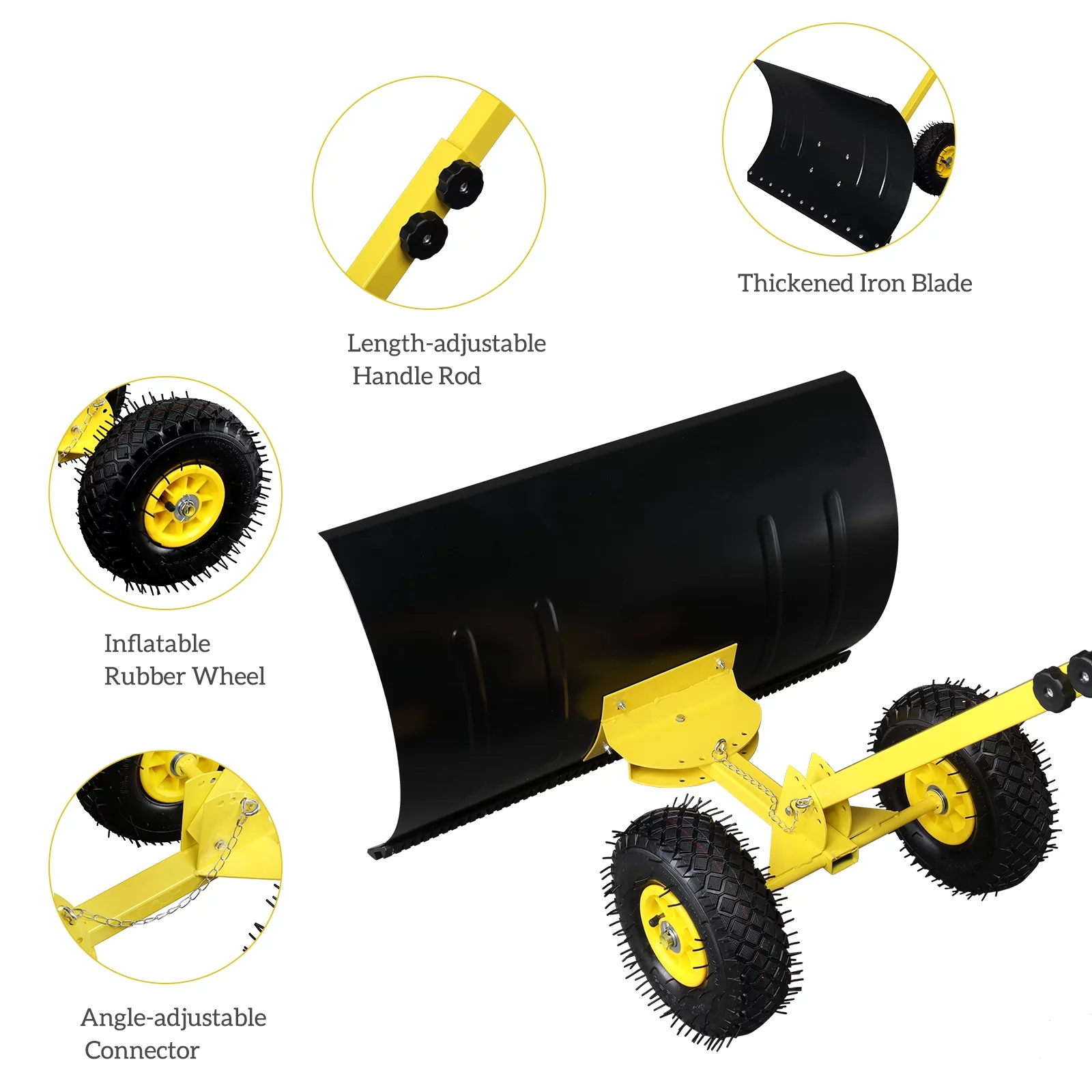 Long Snow Plow Shovel Angle & Height Adjustable Padded Handle Efficient Snow Clean Tool for Driveway or Pavement Yellow