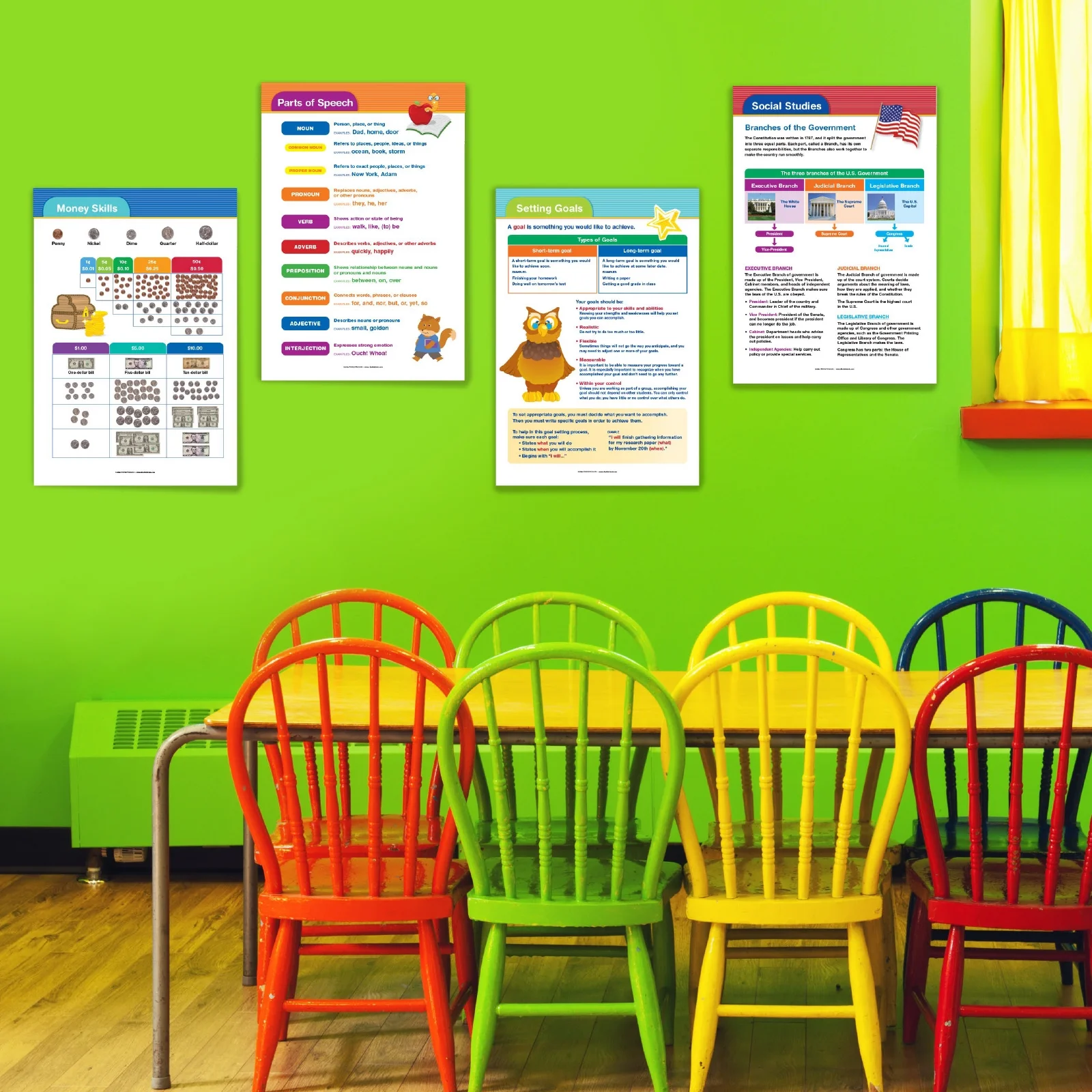 Global Printed Products 16 Extra Large Educational Posters for Kids Toddlers (24x17) Includes: Math Money Punctuation Grammer Writing Geography Presidents Science - GPP-0072