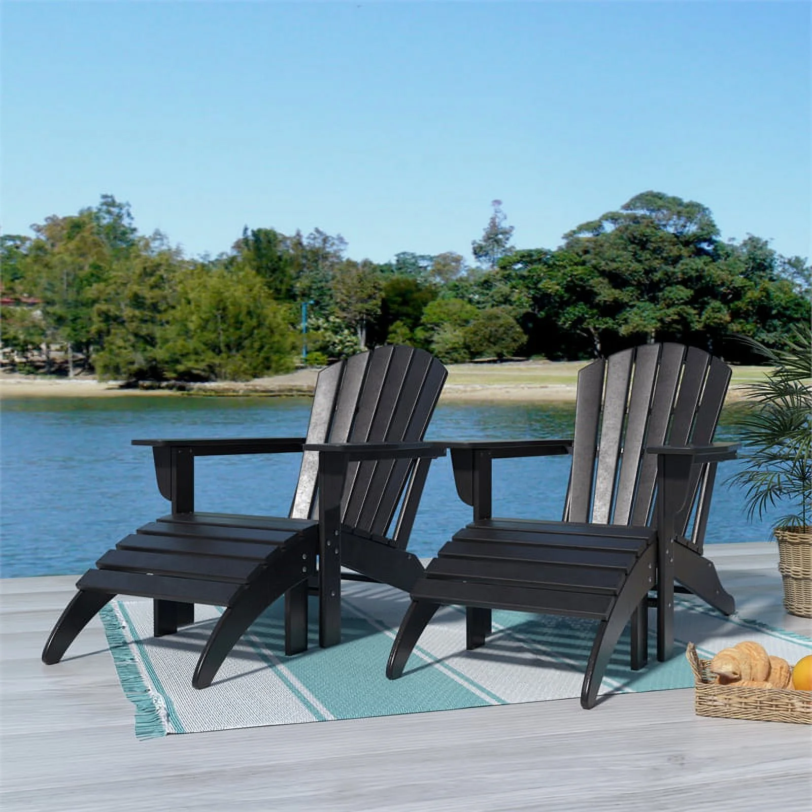 Portside 4-Piece Adirondack Chair with Matching Ottoman Footrest Set Black