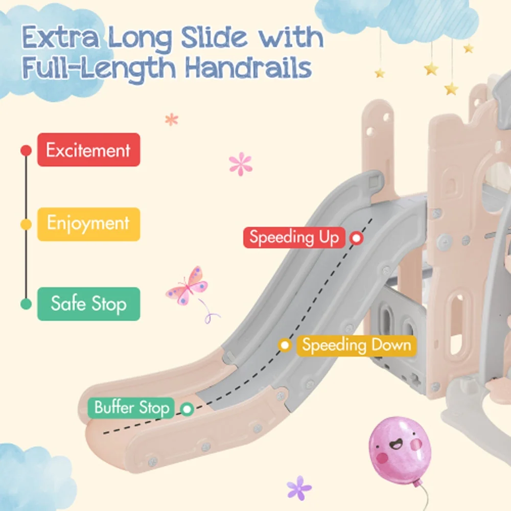 Slide and Swing Set 5 in 1, Playground Climber Slide Playset with Basketball Hoop Freestanding Combination - Pink