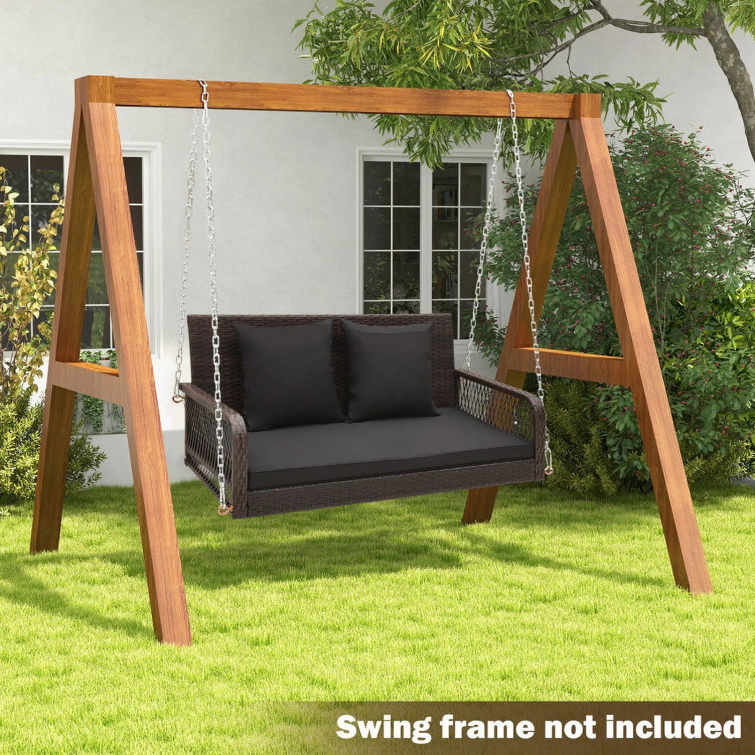 2-Person Wicker Porch Swing with Cushions and Metal Frame - 29.0 - Relax in style with ultimate comfort and durability
