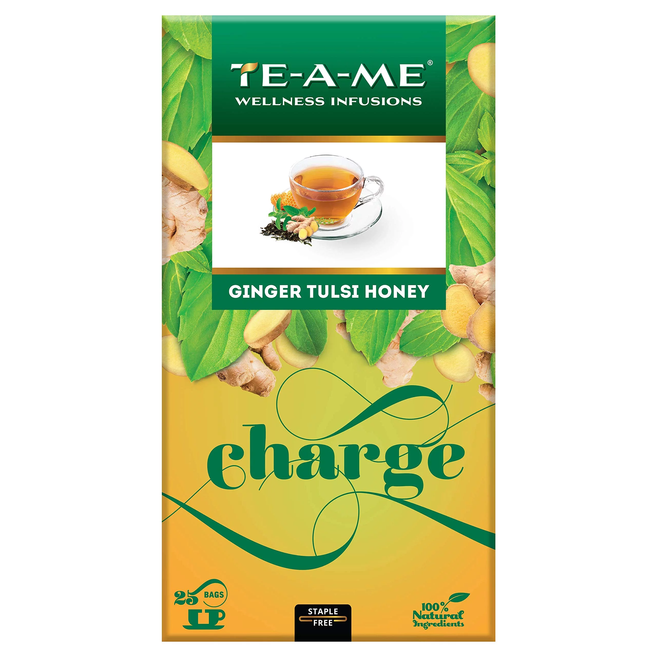 Te-A-Me Charge Ginger Tulsi Honey Herbal Infusion Tea, 25 Infusion Tea Bags | 100% Caffeine Free