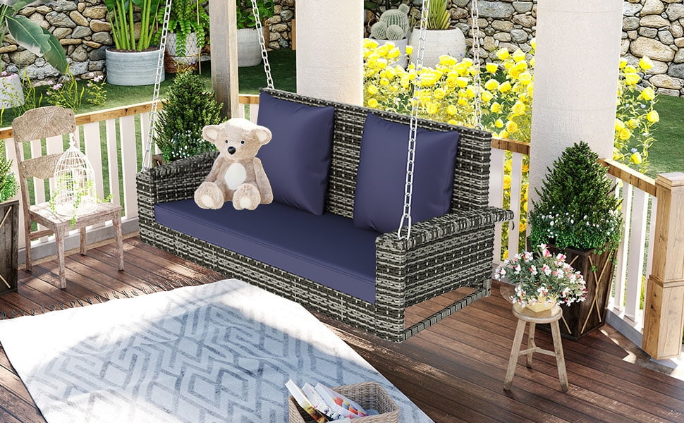 CoSoTower 2-Person Wicker Hanging Porch Swing with Chains, Cushion, Pillow, Rattan Swing Bench for Garden, Backyard, Pond. (Gray Wicker, Blue Cushion)