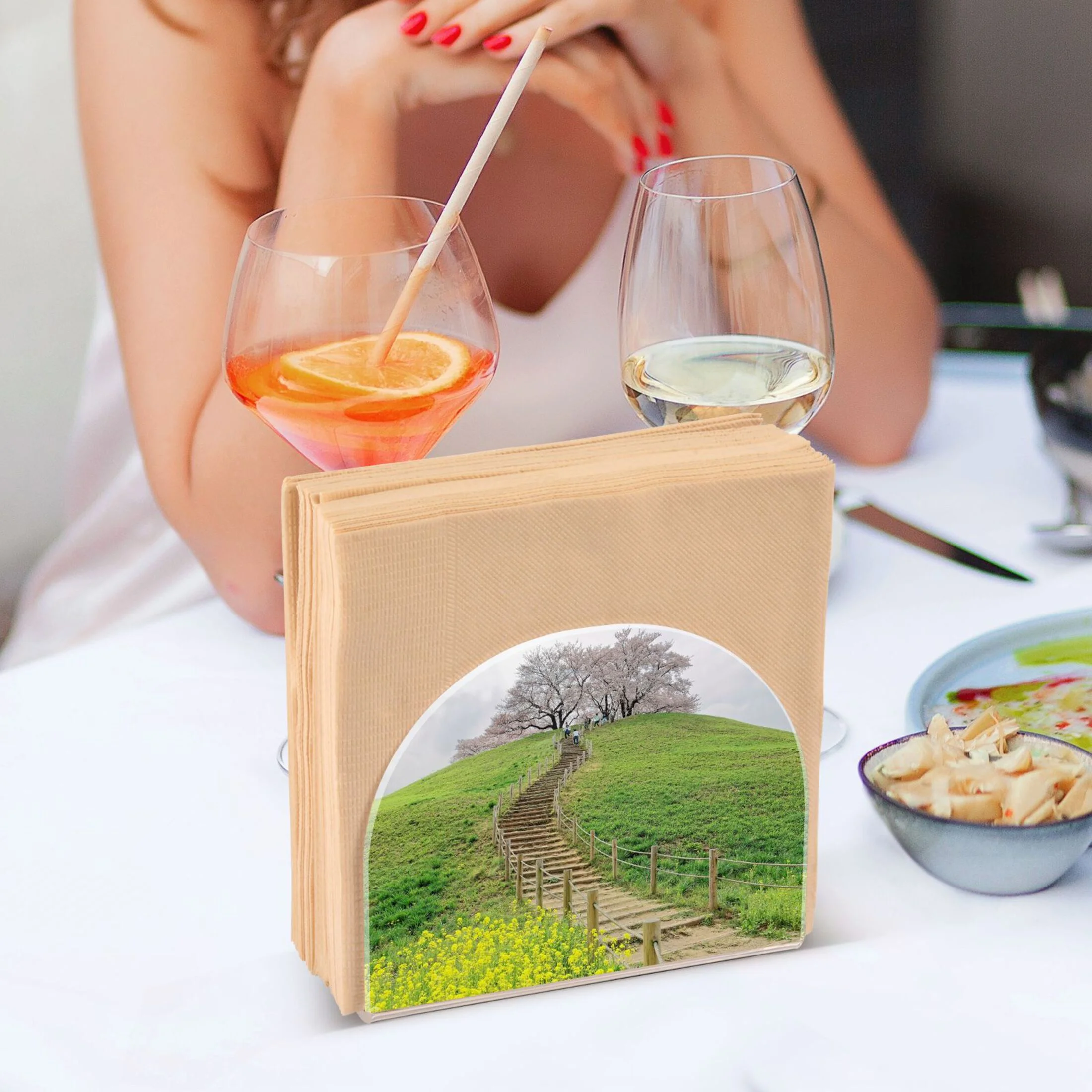 Cherry Tree Blossoms and Green Grassy Meadows Acrylic Napkin Holder Tissue Paper Clear Tabletop Dispenser Dining Room Bathroom Party Hotel