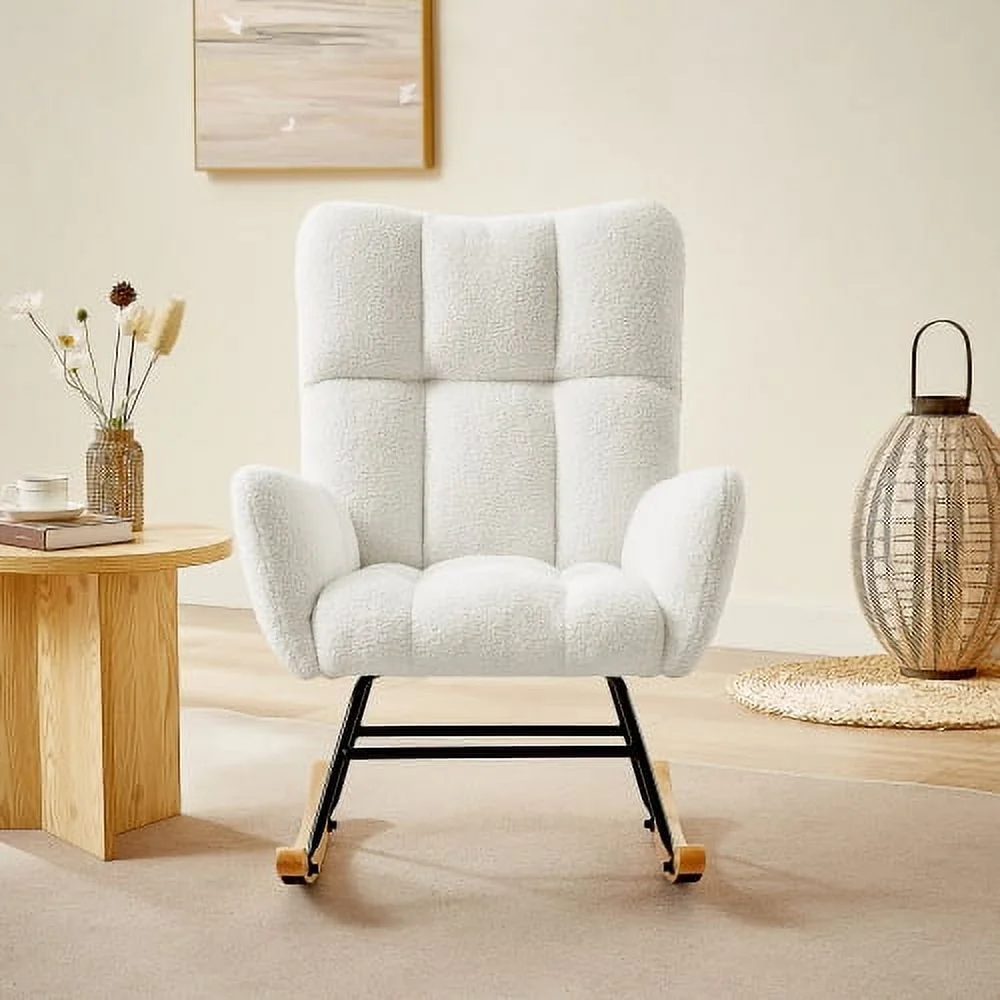 LEIYEHOOM off white teddy fabric rocking chair