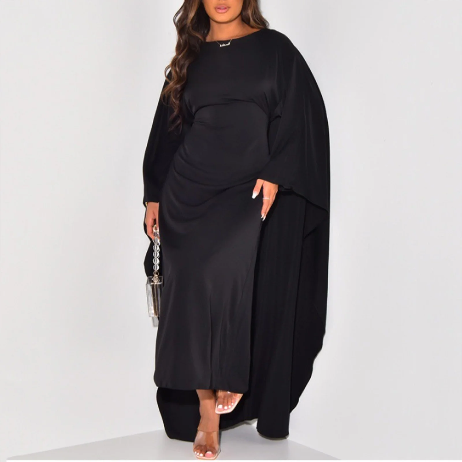 Fashion Satin Party Dress Robe Abaya Women Elegant Solid Round Neck Bat Sleeves Loose Maxi Dress Women