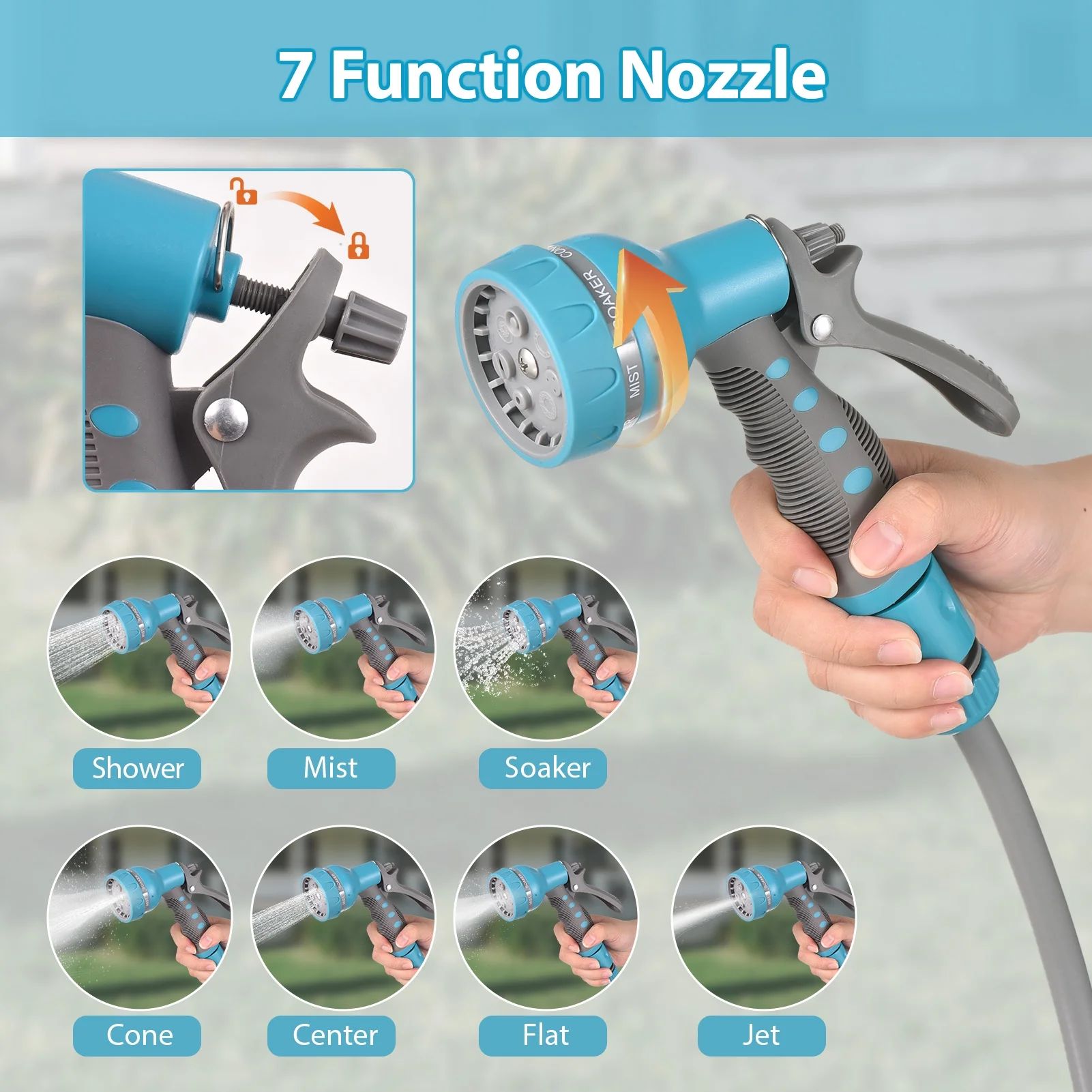 Car wash sprinkler,7-function Sprayer Nozzle/adapters Reel 39 Ft Reel With Nozzle/adapters Manual Rewind With Adjustable 7-function Adjustable 7-function Sprayer Manual Rewind Car Huiop Siuke