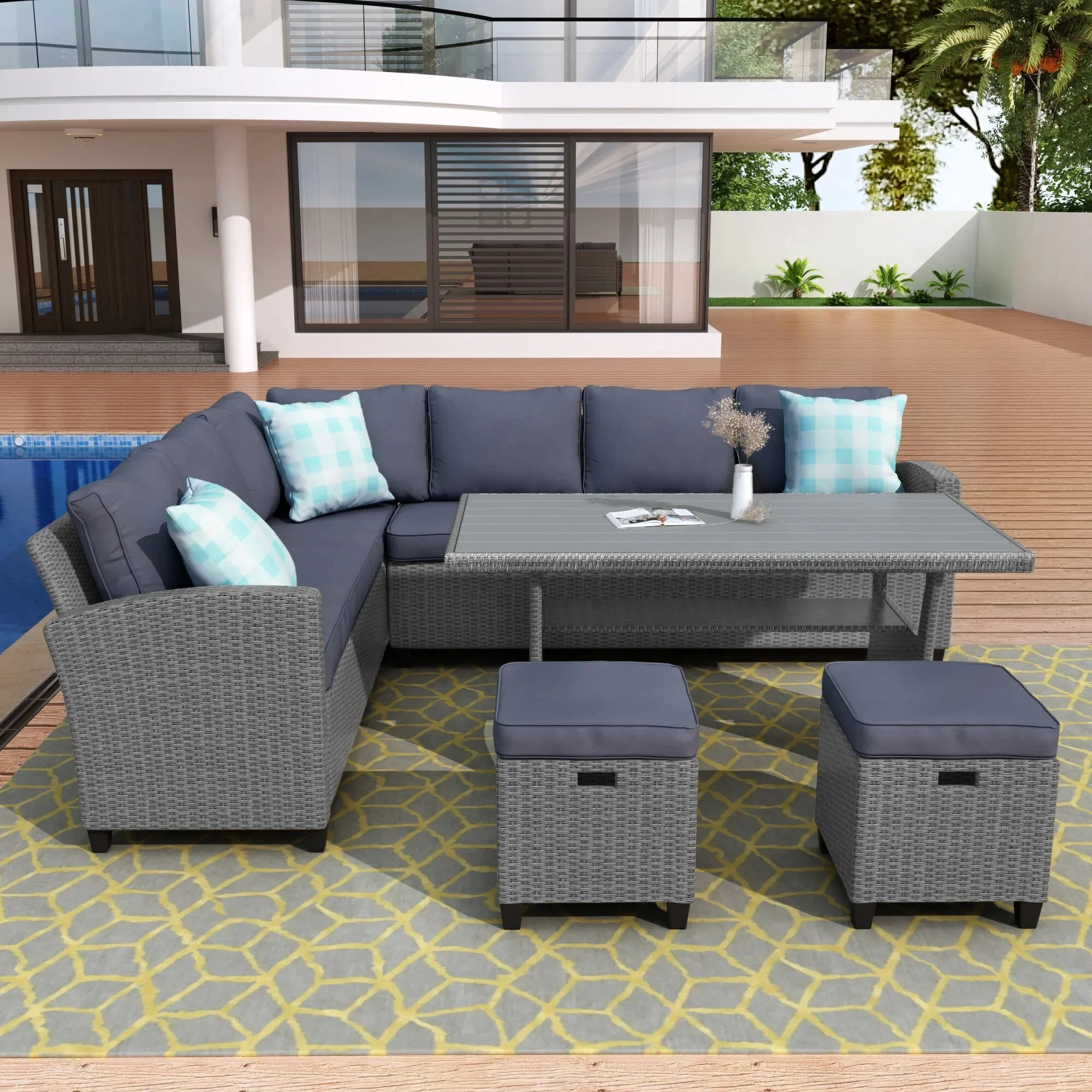 5 Pcs Outdoor Conversation Set Patio Furniture Set All Weather Wicker Sectional Couch Sofa Dining Table Chair w/ Ottoman&Pillow