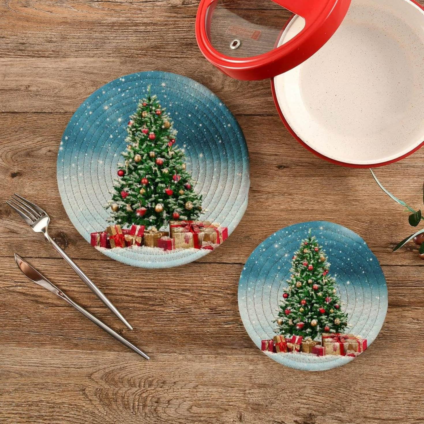 Christmas Tree Snowflake Potholders Set Trivets Set 2 PCS, Winter Snow Landscape Pot Holders for Kitchen, 100% Cotton Woven Hot Pads Trivets Set for Kitchen Heat Resistant, 7.09