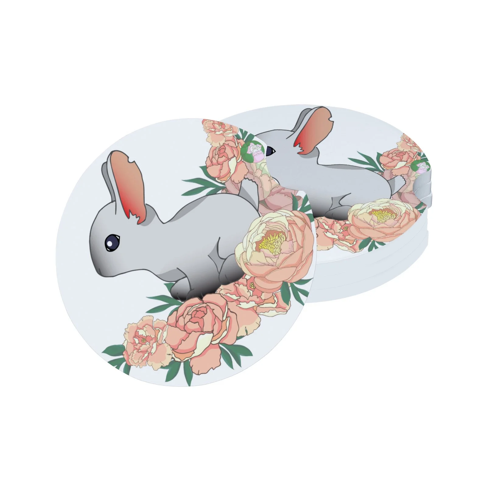 Anyway.go 6pcs Car Cup Holder Coasters,Drink Cup Holder Coasters,with A Finger Notch for Auto Cupholder Coaster,Peonies and Rabbit