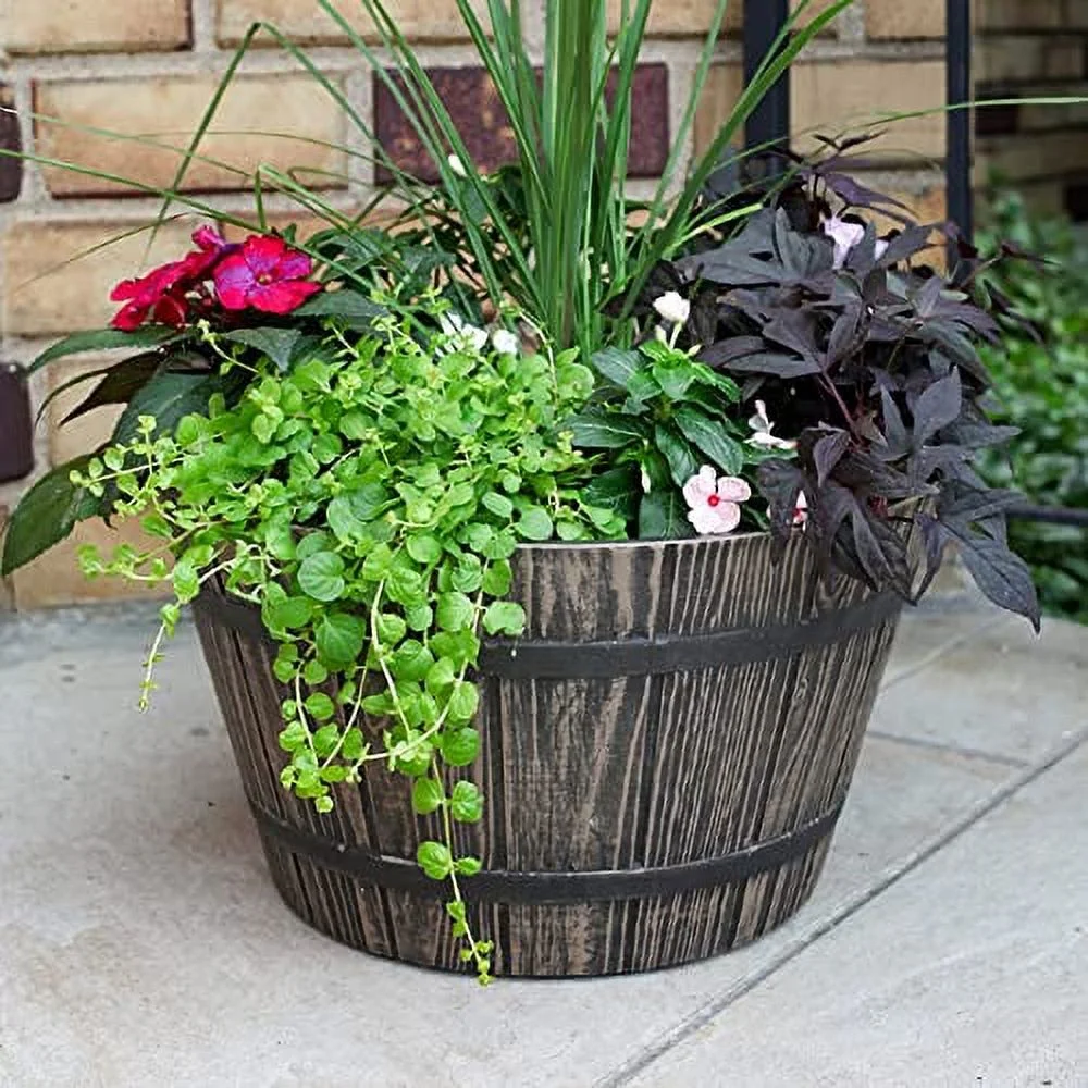 The HC Companies 16 Inch Whiskey Barrel Planter - Weather Resistant Resin Plant Pot for Indoor Outdoor Use in Aged Oak Color (Faux Wood)