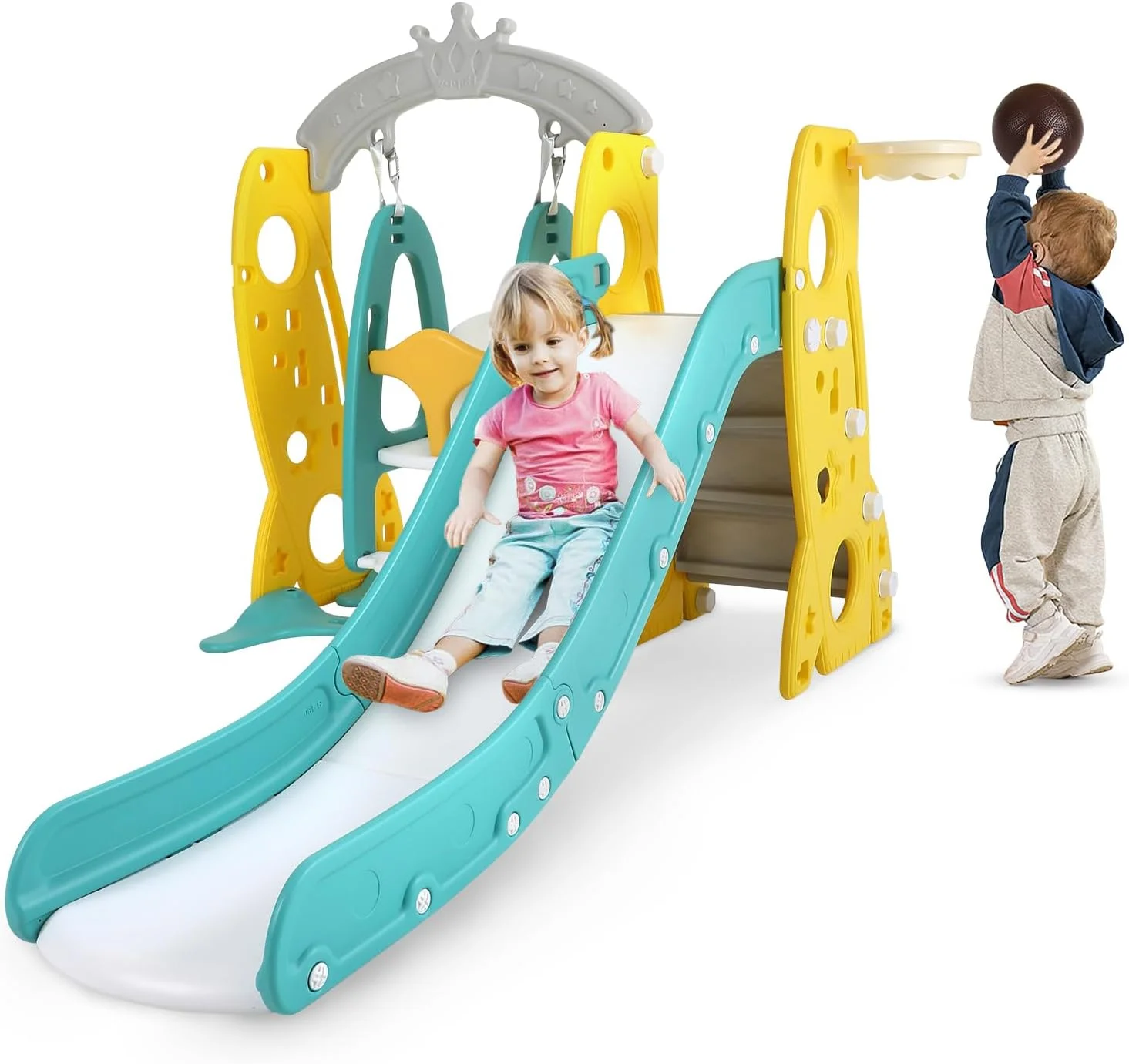 YOUB 4 in 1 Toddler Slide Swing Set, Kids Play Climber Playset Adjustable Height with Basketball Hoop, Slide and Safety Swing Set for Kids Indoor and Outdoor, 1-12 Years Old