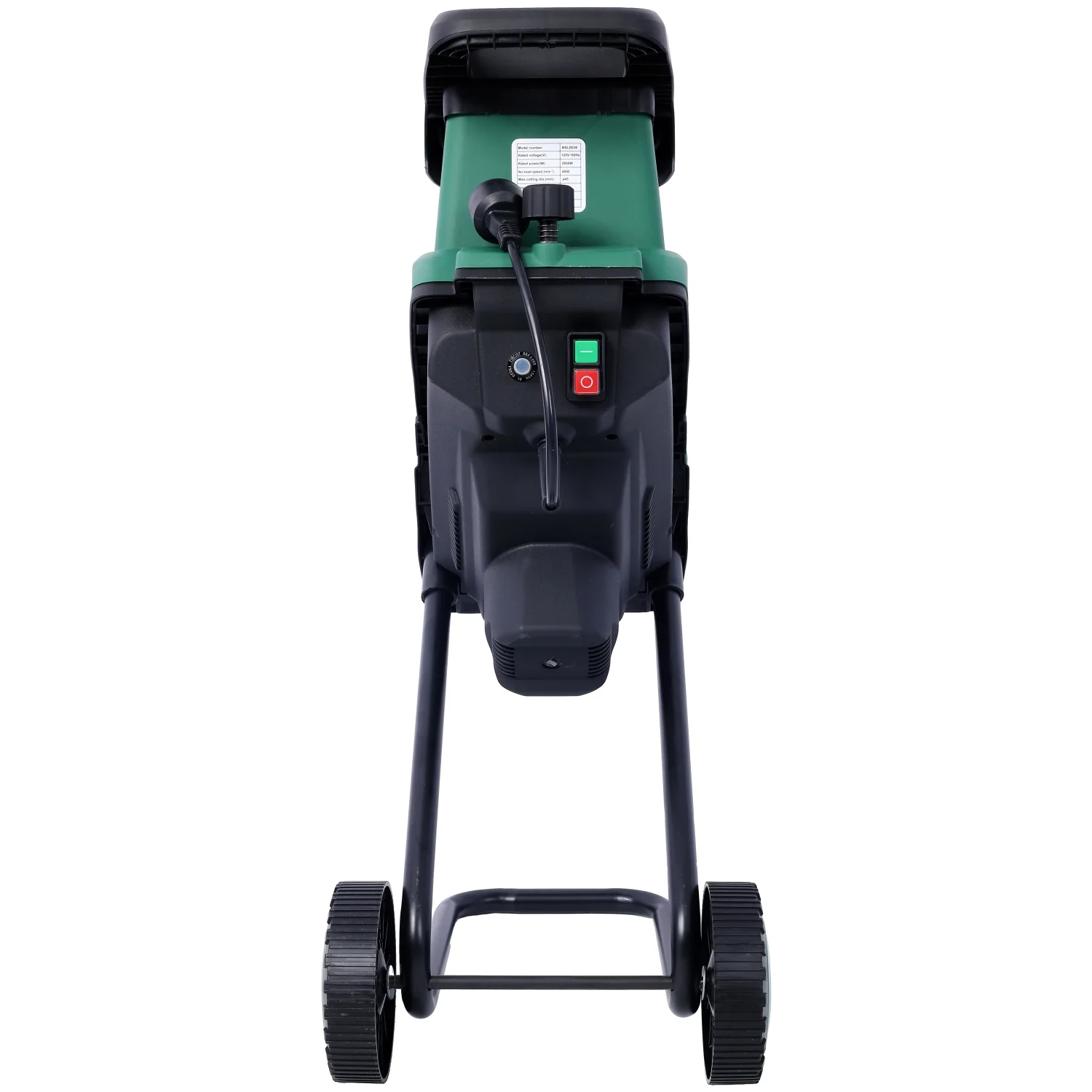 Efficient Green Portable Electric Wood Chipper/Shredder with Wheels - Featuring Double Sided Blade System and 15Amp Motor - Ideal for Yard Maintenance - Includes Auto Shut-Off and Chippin