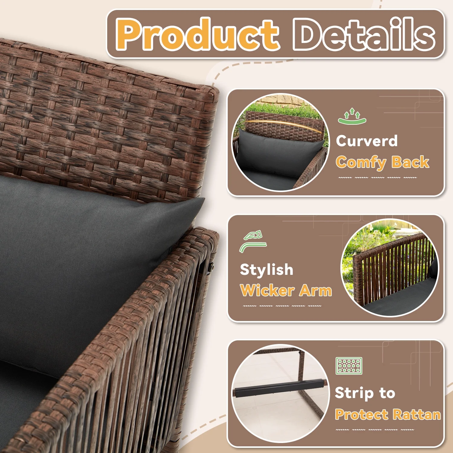 AVAWING 3PCS Patio Wicker Bistro Bar Set w/ Extra Cushion Covers, 2 People, Dark Gray/Turquoise