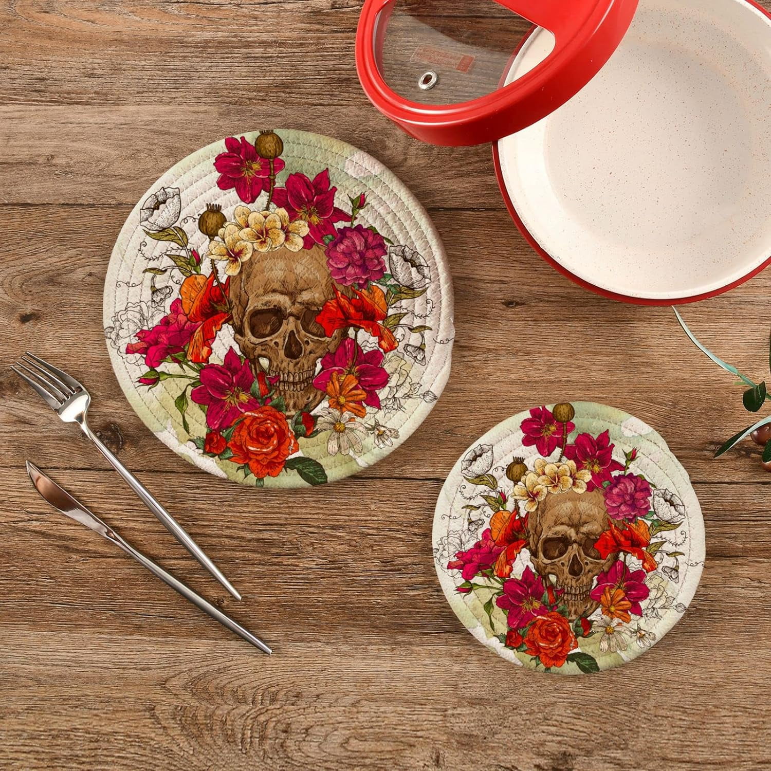 SKYSONIC Skeleton Flowers Pot Holders Trivets, 2 Pcs Heat Resistant Trivets,Summer Skull Cotton Thread Weave Mats for Hot Pads Pans Pot Bowl Teapot for Kitchen Decor