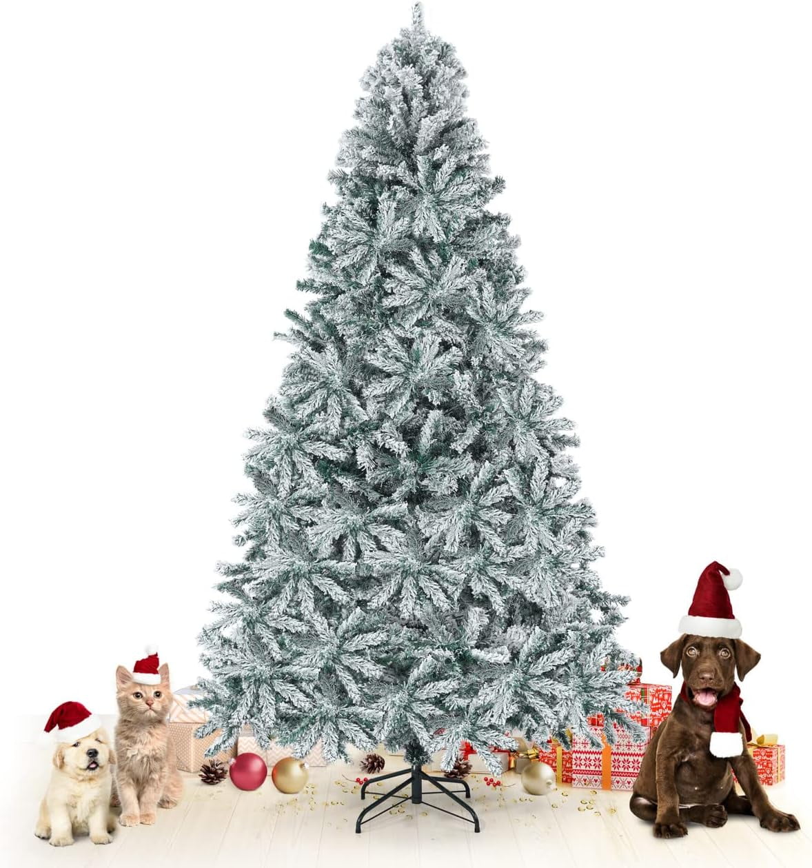 Premium Pre-Hinged 7.5 Feet Snow Flocked Full Artificial Frosted White Fake Christmas Tree, North Valley Spruce 1,346 Branch Tip, Metal Stand, Indoor, Office, Party, Holiday Decoration