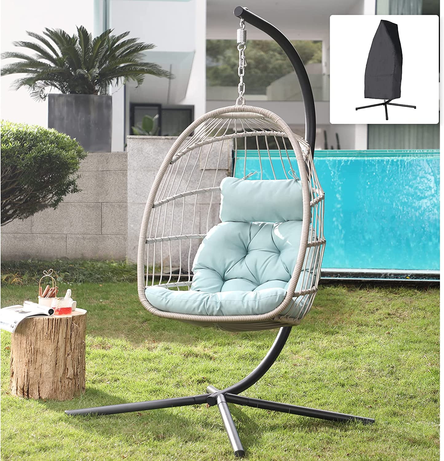 CHIDSL TUIONMJ Indoor Outdoor Egg TUIONMJ Chair with Stand  Patio Grey Wicker Rattan Hanging Chair with Rope Back  Cushion Cover All Weather Foldable Hammock Chair for Bedroom  Porch  Gar