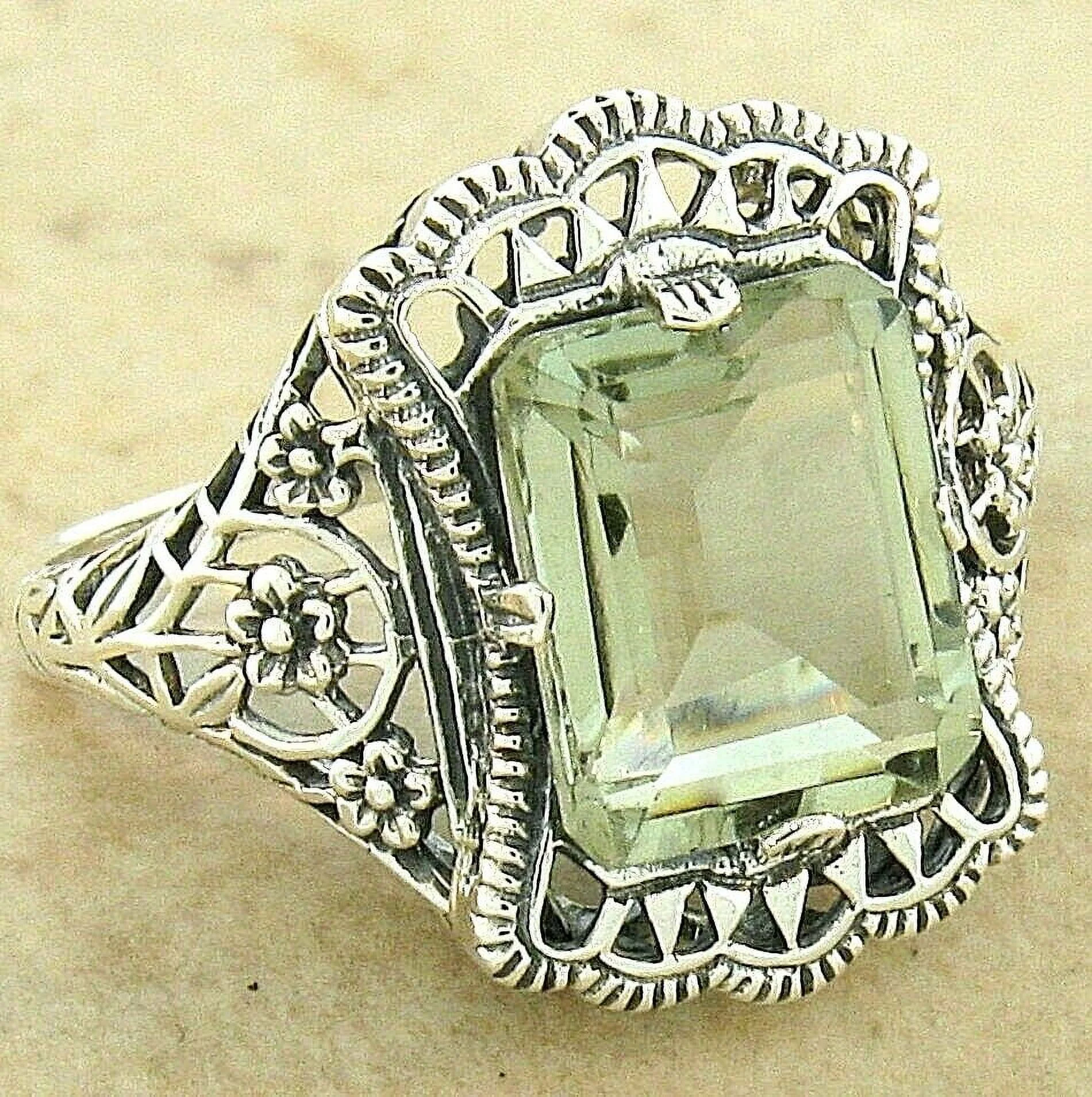 ART NOUVEAU DESIGN ANTIQUE STYLE GENUINE GREEN AMETHYST 925 STERLING SILVER FILIGREE RING  #923