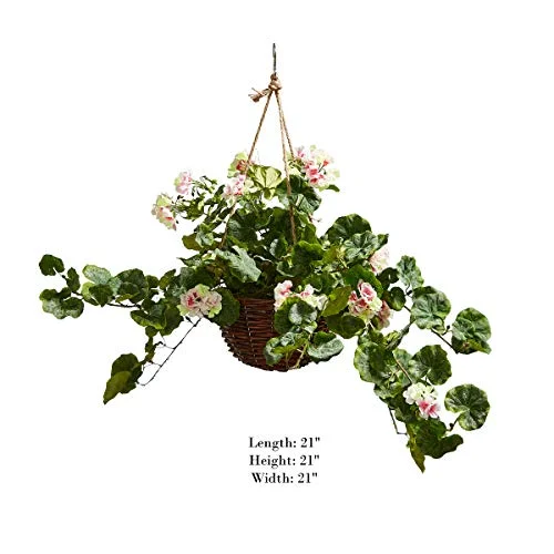 Home Pure Garden Faux Flowers - Light Pink Geranium Hanging Natural and Lifelike Floral Arrangement with Basket Office