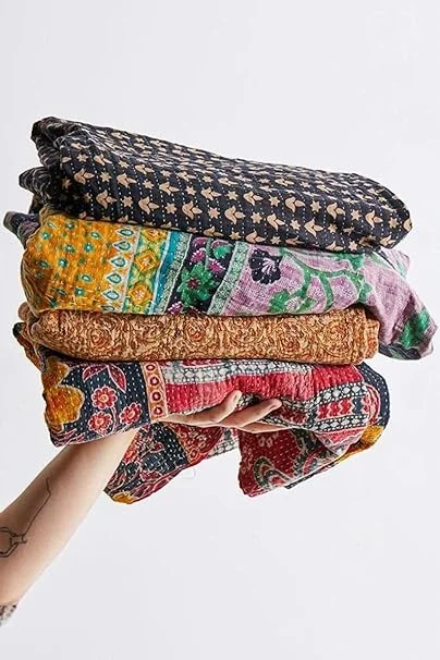 Indian Vintage Kantha Quilt Handmade Throw Reversible Cotton Blankets 1 Quilt Assorted Colors 55X85 Inches