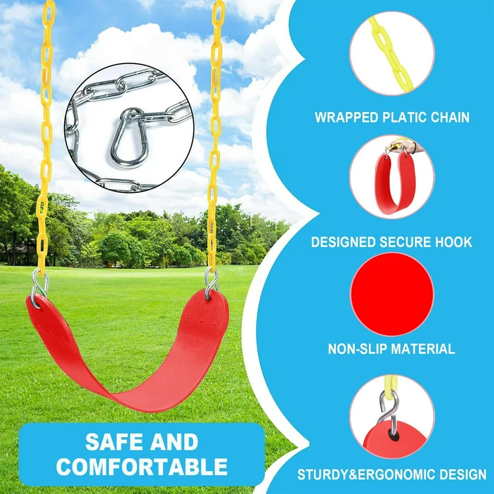 Swing Seat with 66 Inch Anti-Rust Chains Thermoplastic Coated  Support 660lb  Swing Seat Cushion Accessories Replacement with Snap Hooks for Outdoors  Playground  Jungle & Gym Red
