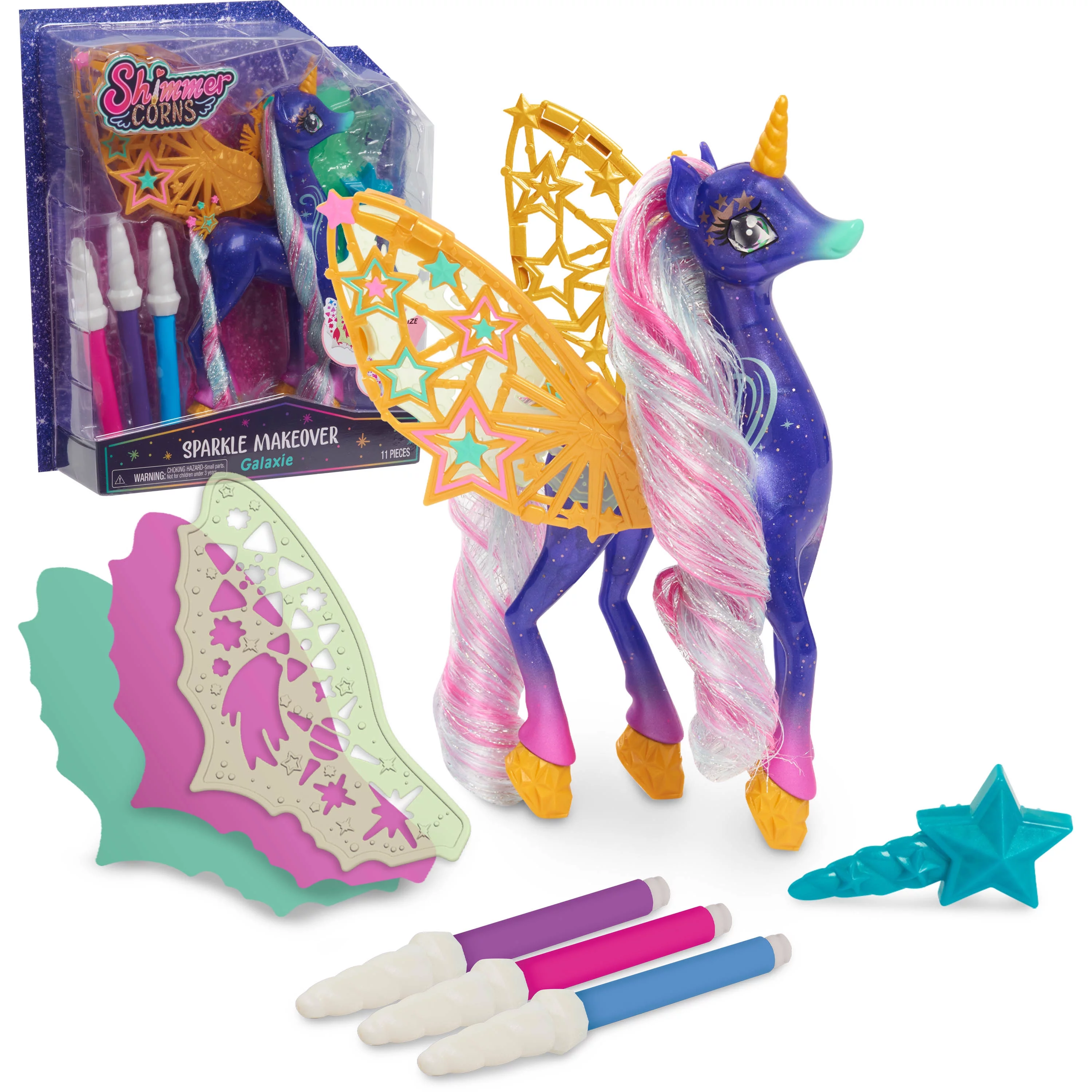 Shimmercorns Sparkle Makeover Shimmercorn, Galaxie, Unicorn, Girls Activity Set, 11 Pieces,  Kids Toys for Ages 3 Up, Gifts and Presents