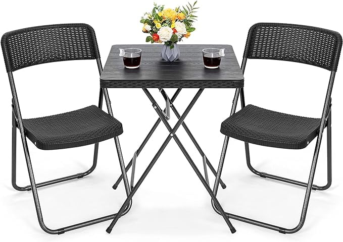 3 Piece Outdoor Folding Patio Set, Weather-Resistant Rattan Folding Patio Table and Wicker Patio Chairs for Indoors and Outdoors, Backyard, Pool, Lawn, Porch, Balcony, Black