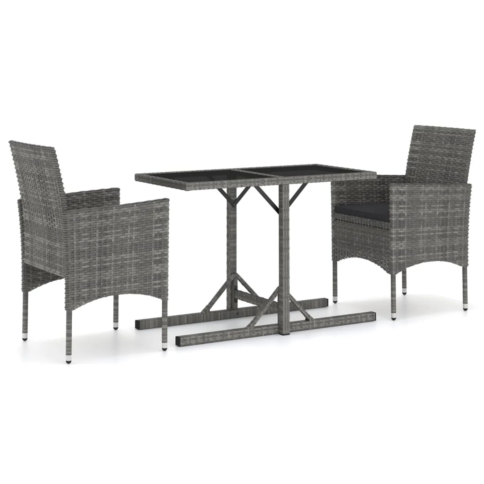 Dcenta 3 Piece Patio Dining Set Glass Tabletop Garden Table and 2 Chairs with Cushion Gray Poly Rattan Steel Frame  Dining Set for Garden, Backyard, Balcony, Lawn