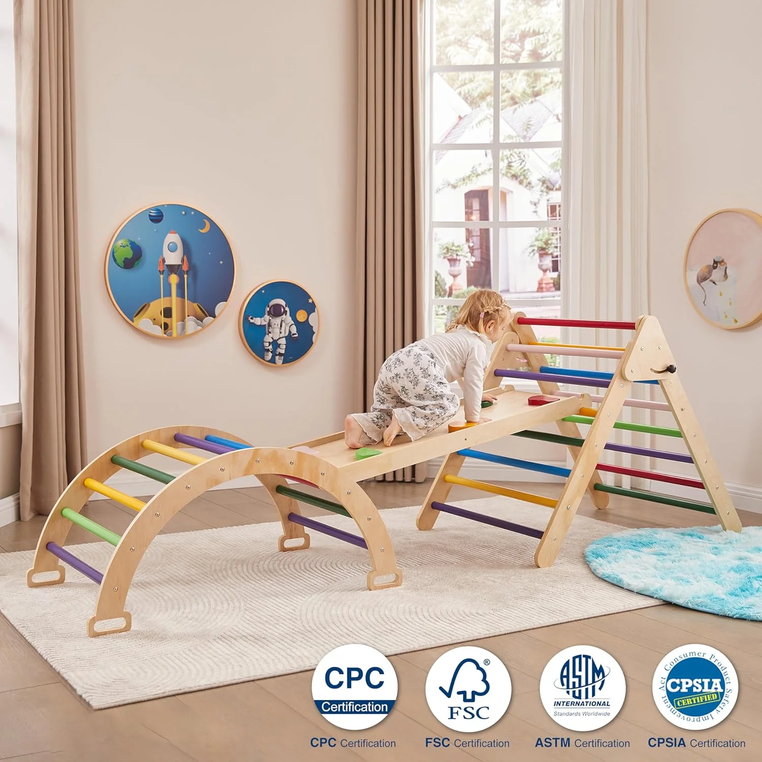 5 in 1 Pikler Triangle Gym, Montessori Foldable Wooden Climbing Set with Ramp, Arch Climber and Rocker, Toddlers Climbing Triangle Learning Waldorf Children Jungle Gym for Kids 2-6 Years (Rainbow)