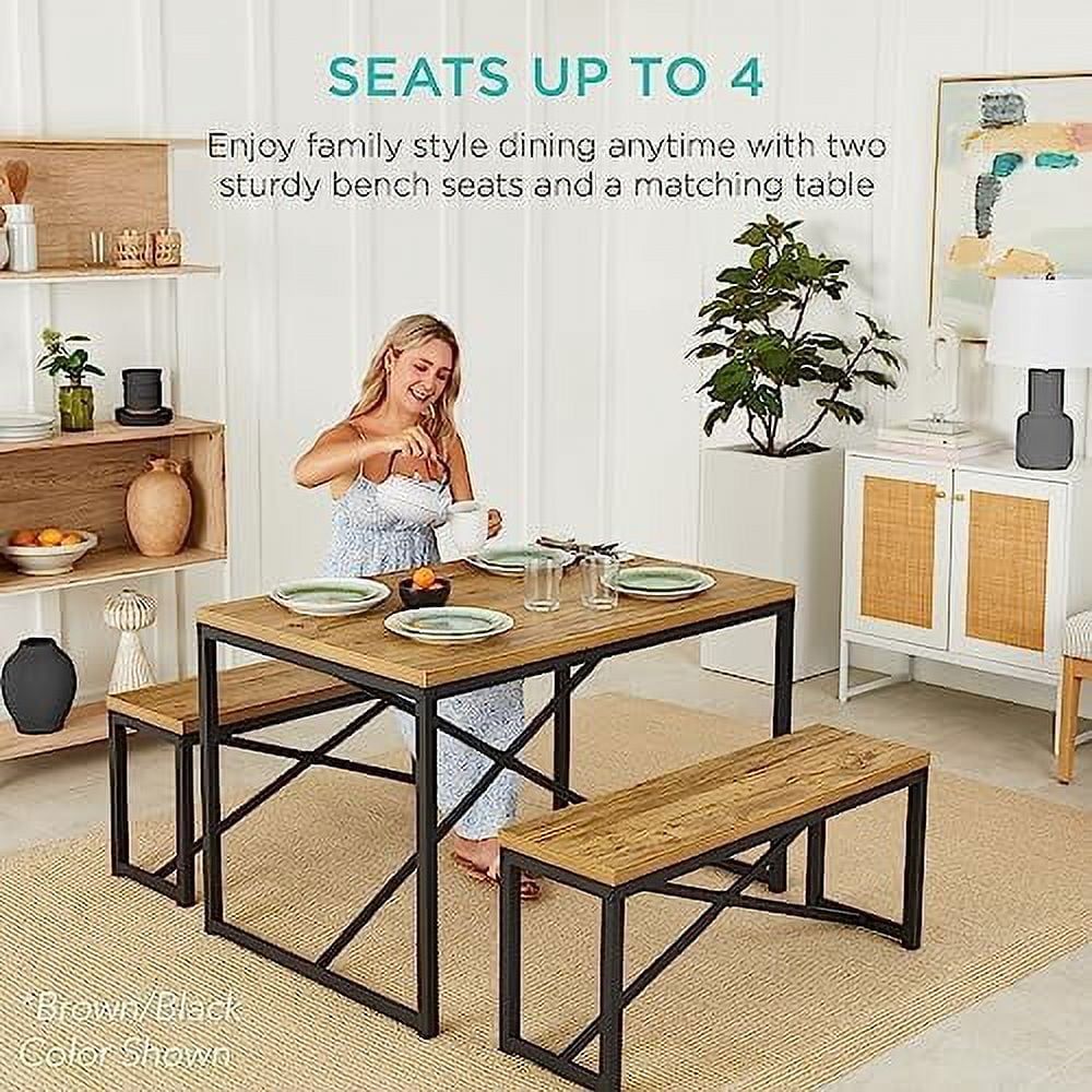 QYFZBIM 45.5in 3-Piece Bench Style Dining  Set  4-Person Space-Saving Dinette for Kitchen  Dining Room w/ 2   Table - Oak/White