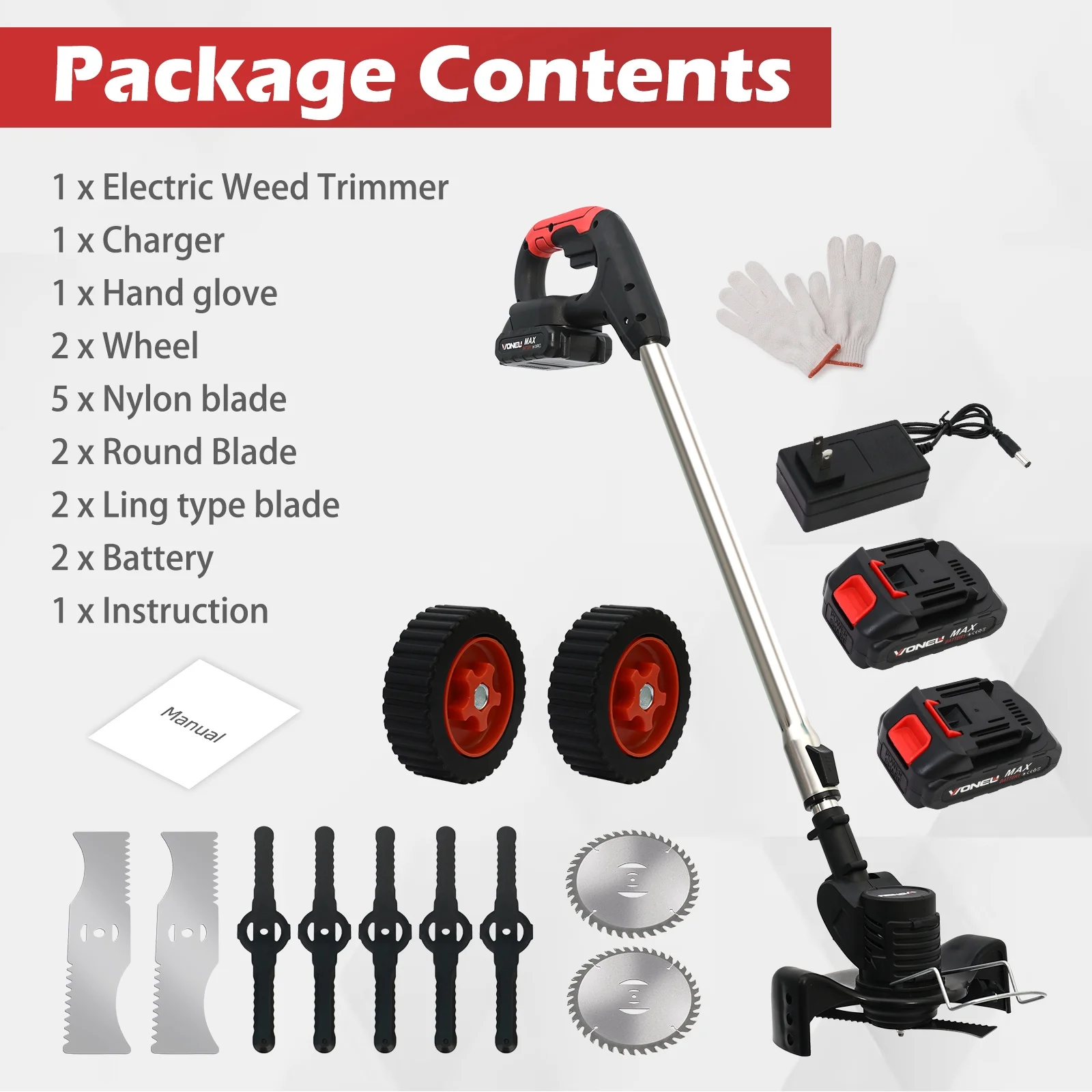 24V 650W Lawn Mover Electric Grass Trimmer Cordless With Batteries, Battery Weed Eater, Electric Weed Wacker, Lawn Mower Cordless Pruning Cutter Weed Wacker Garden Trimming Tool, Black