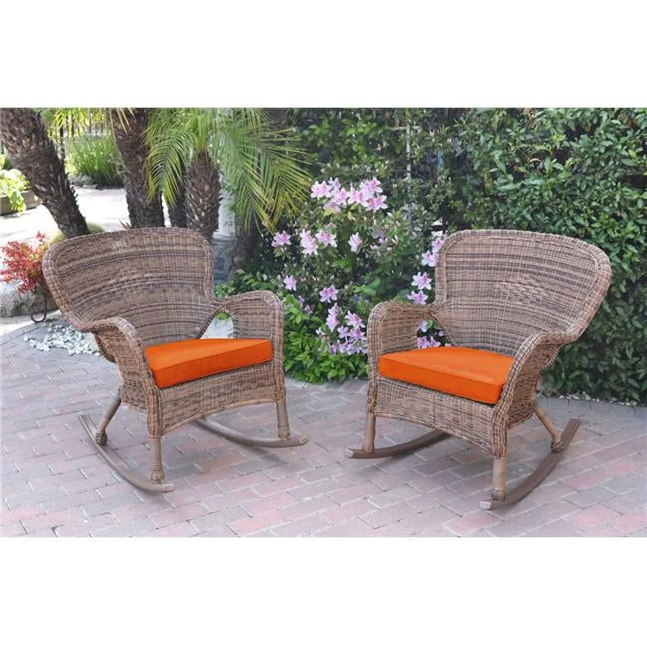 W00212-R-2-FS016 Windsor Honey Resin Wicker Rocker Chair with Orange Cushion - Set of 2