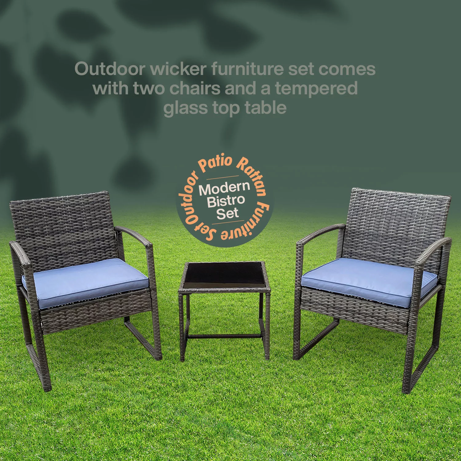 Ozy 3-Piece Rattan Stylish Sturdy Furniture Set -2 Elegant Chairs With Solid Glass Coffee Table - Gray