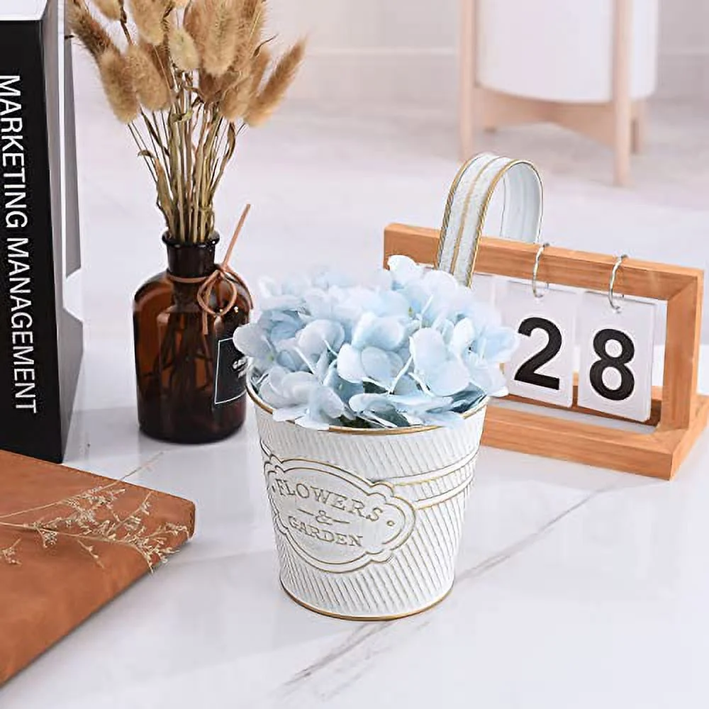 3 PCS Metal Hanging Flower Pots, Metal Iron Bucket Pots Railing Planter Pots with Detachable Hooks and Drainage Hole, Hanging Planters for Indoor Outdoor Plants, Railing Fence Patio Garden