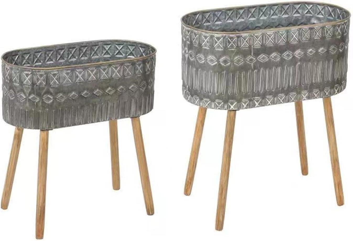 Two Piece Gray Metal Cache Pot Planters Grey Rustic Wood