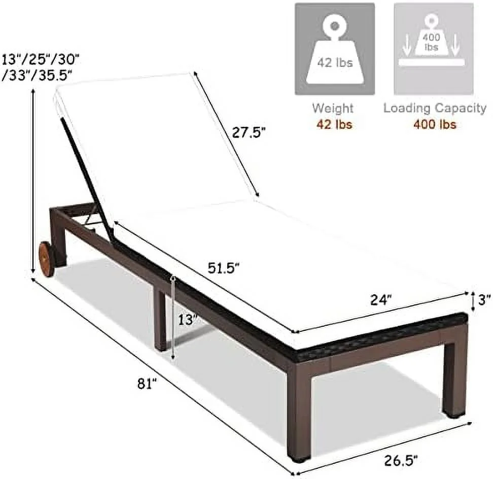 ASDRFYU Patio Chaise Lounge Chair Outdoor Rattan Lounger Recliner Chair Adjustable Position Folding Wicker Lounge Chair with Cushion & Wheels for Garden Patio Poolside