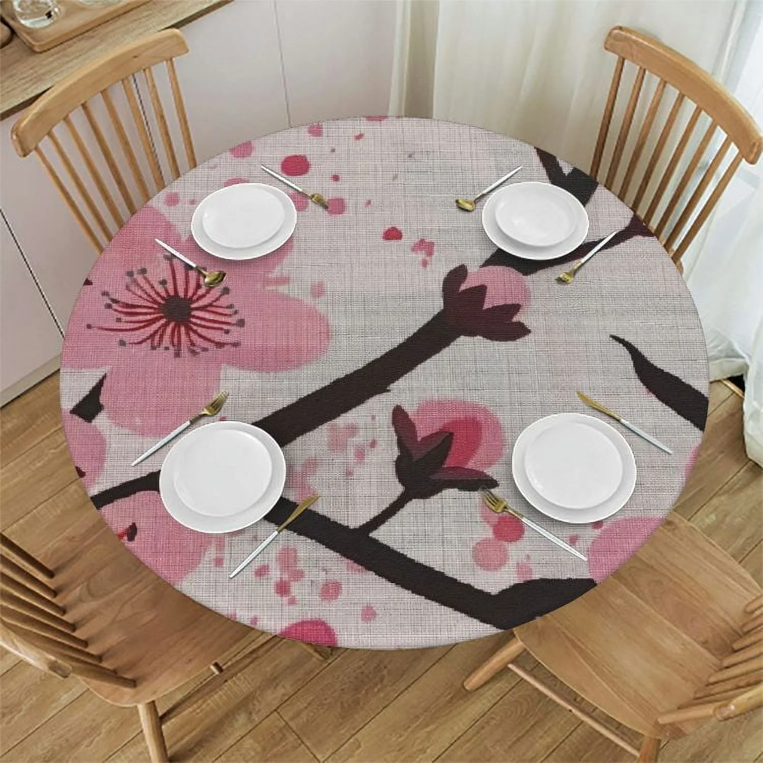 QCPP Tablecloth Spring, Pink Chinese Cherry Blossom Flower Japan Plum Round Table Cover White