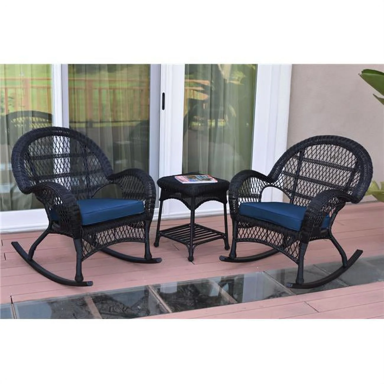 W00211-2-RCES011 3 Piece Santa Maria Black Rocker Wicker Chair Set, Blue Cushion